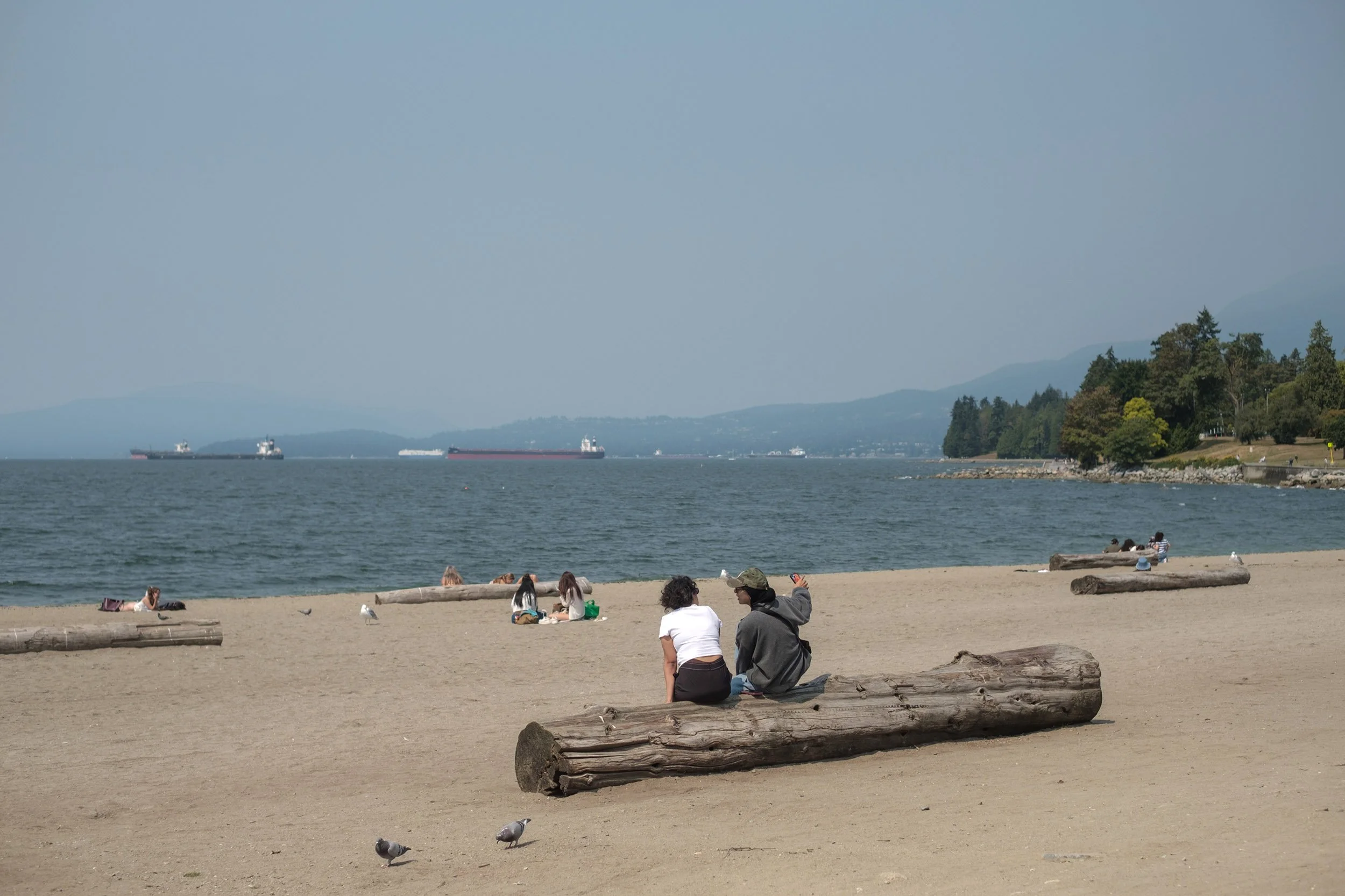 Two friends in conversation on a log at English Bay Beach, August 2026