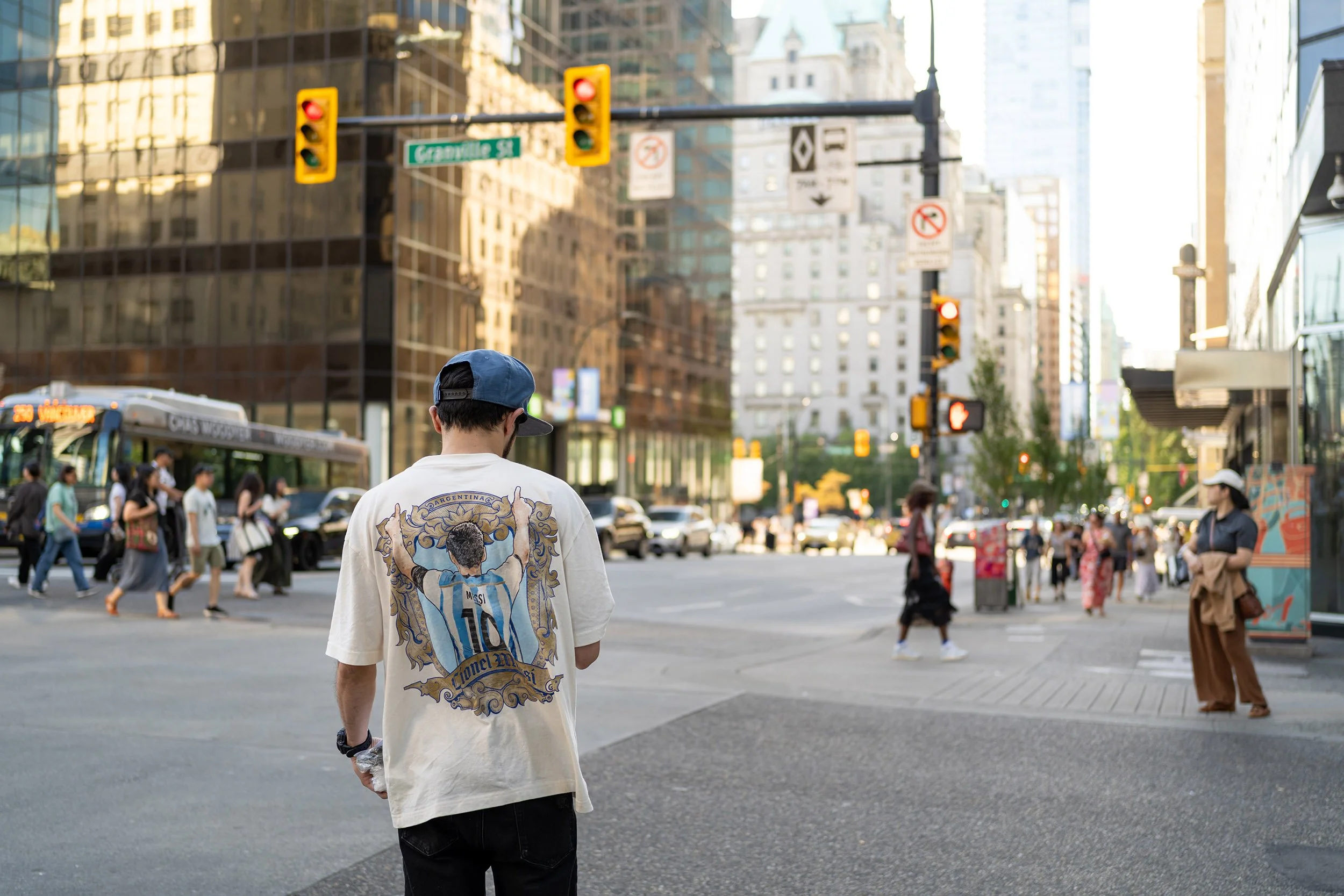 A young man with a Messi T-shirt in Vancouver during the World Cup, June 2026