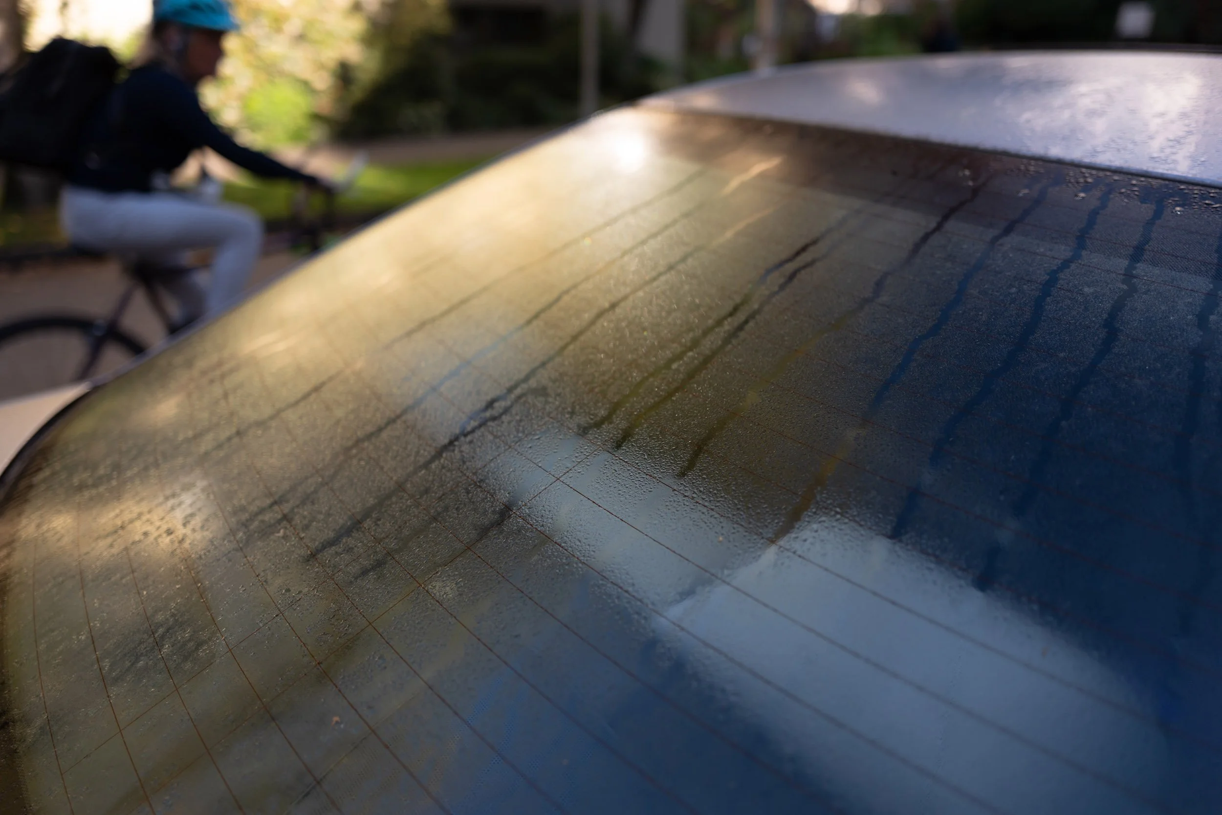 Dew on car window, late summer morning, Vancouver. Sample image from a Leica Q Typ 116.