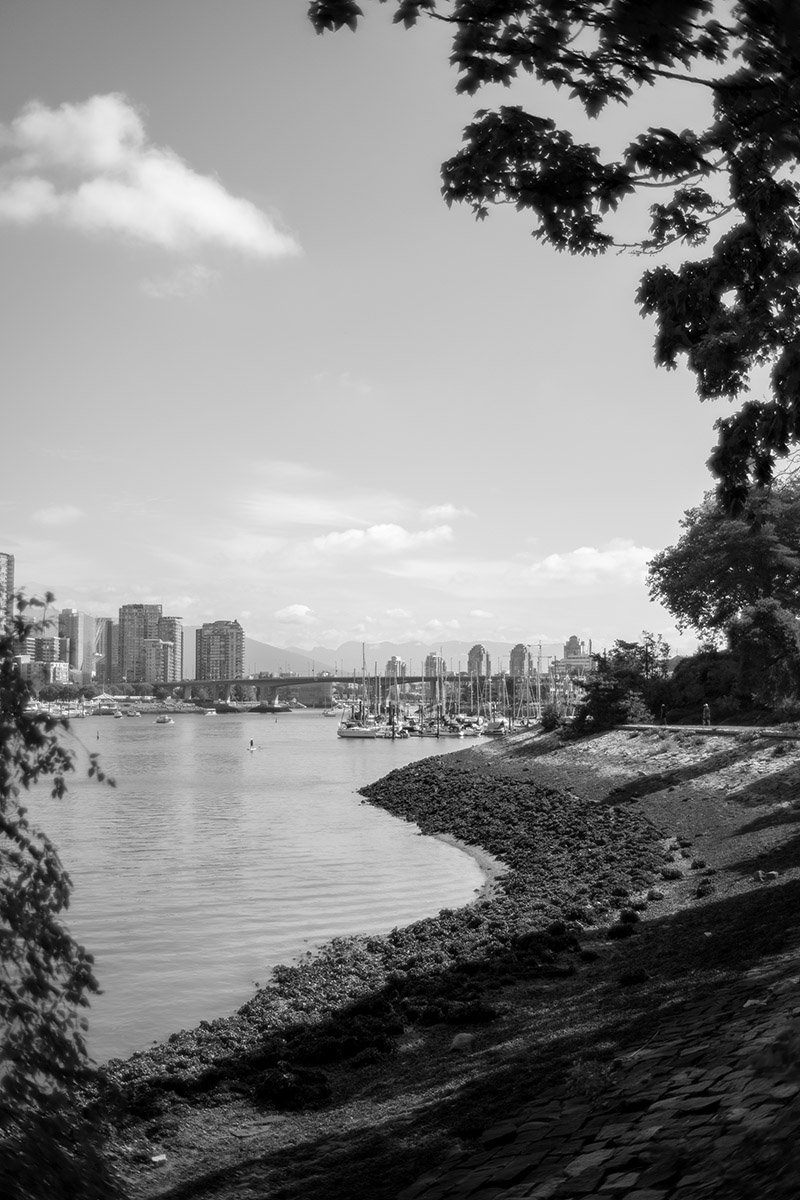 Black-and-white photo of False Creek in Vancouver on a summer day. Sample image from a Voigtländer Nokton Classic 35mm f/1.4 II MC and Leica SL2-S.
