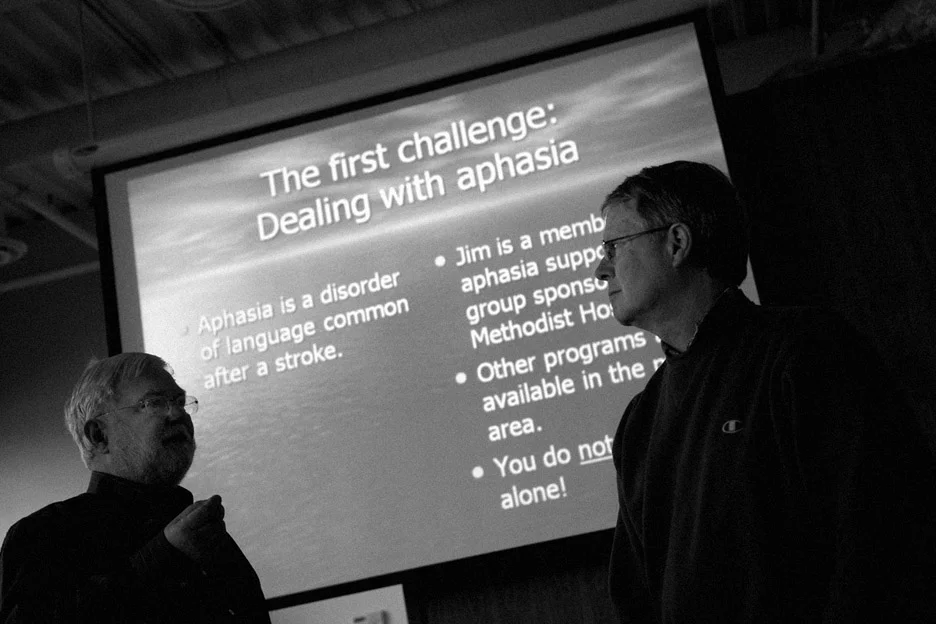 Volunteering has always been important to my dad. Since his stroke and building his boat as part of his recovery, he has put together a presentation with the help of his caregiver Greg Schaffner. Here, they give the speech at the Brain Injury Association of Minnesota to gain the non-profit's approval for giving the talk at various locations such as assisted living homes, libraries and universities. Since June 2011, the Brain Injury Association has sent the two all over Minneapolis, including the University of Minnesota, to share their story.