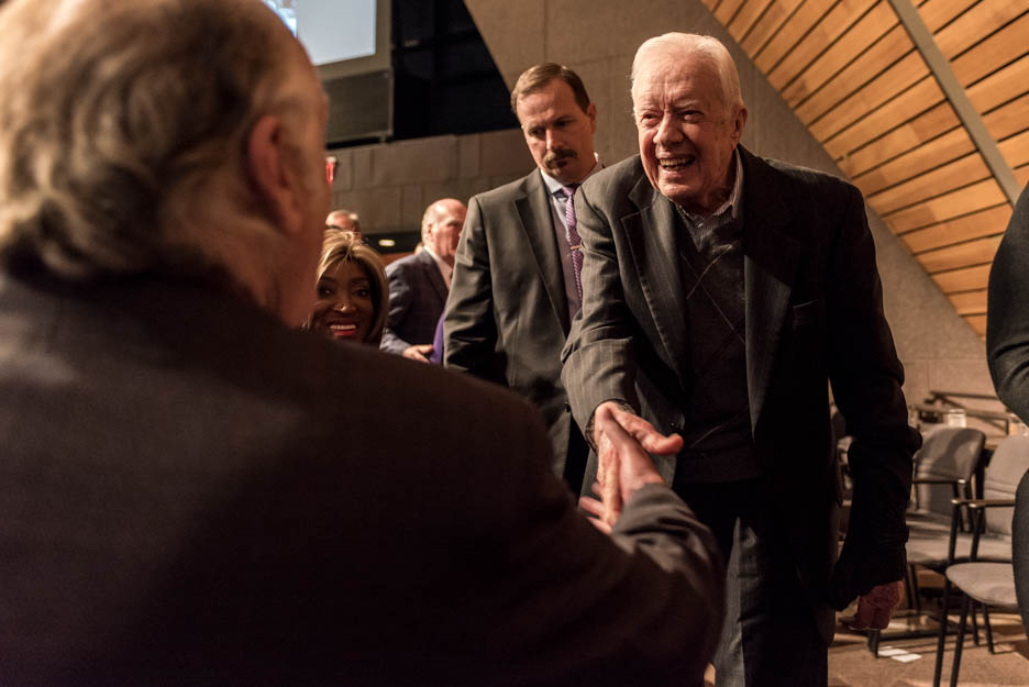 Former President Jimmy Carter greets people at a birthday celebration for former Vice President Walter Mondale’s 90th birthday at the McNamara Alumni Center at the University of Minnesota in Minneapolis, Minn., Saturday, Jan. 13, 2018.