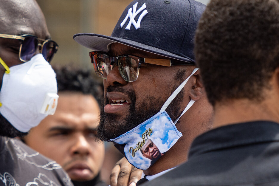 Overcome with emotion, George Floyd’s brother Terrence cries while visiting the site of George’s death in Minneapolis, Minn., during a vigil held for his brother on Monday, June 1, 2020.