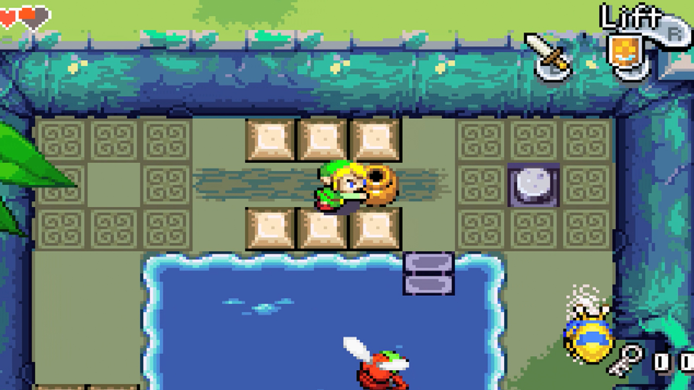 Minish Cap Link pushes jar onto switch. GBA, Wii U, 3DS via ambassador program.