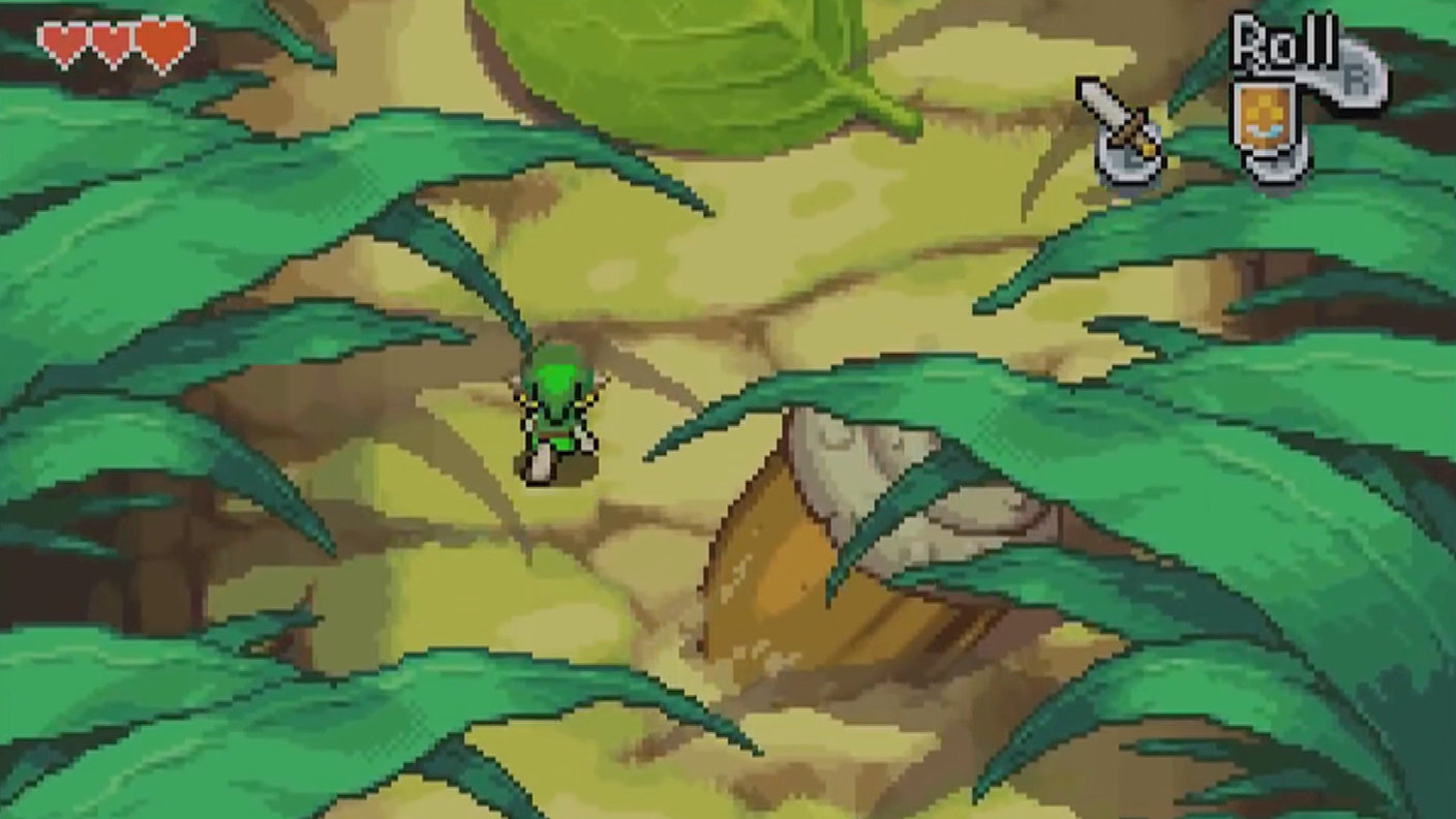 Legend of Zelda: The Minish Cap for Gameboy Advance and Wii U. Tiny Link running next to acorn. 