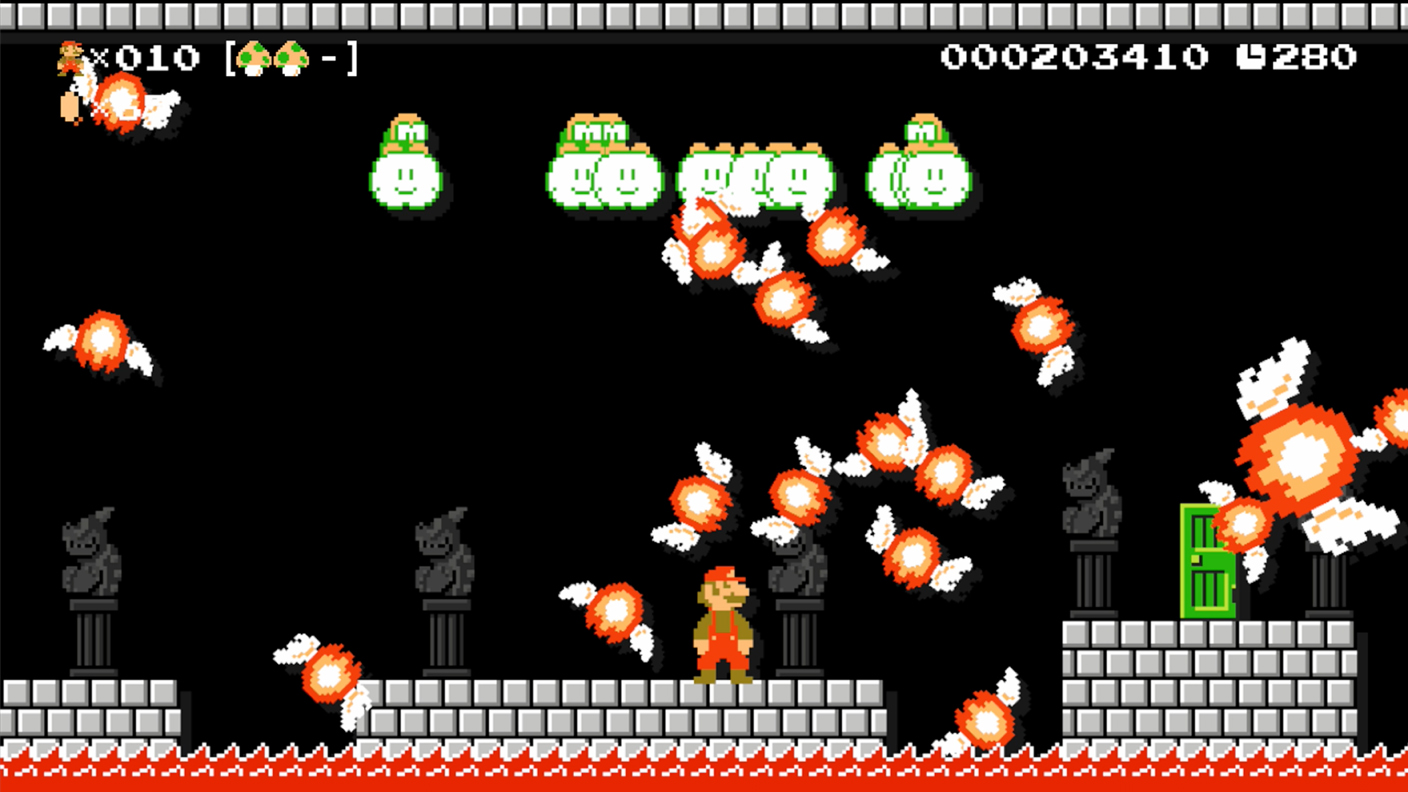 Super Mario Maker 100 Mario lives run. Fire balls and Lakitu from Super Mario Bros. 1985.