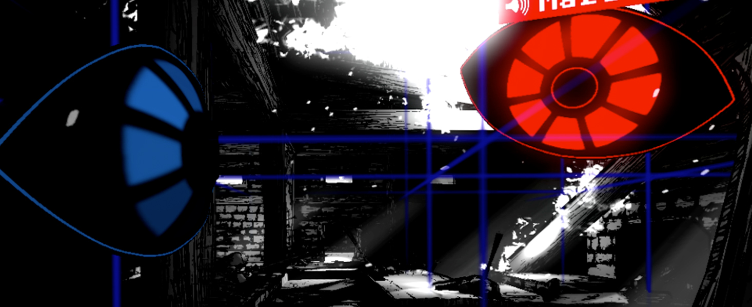 The Magic Circle game floating eyes blue and red.