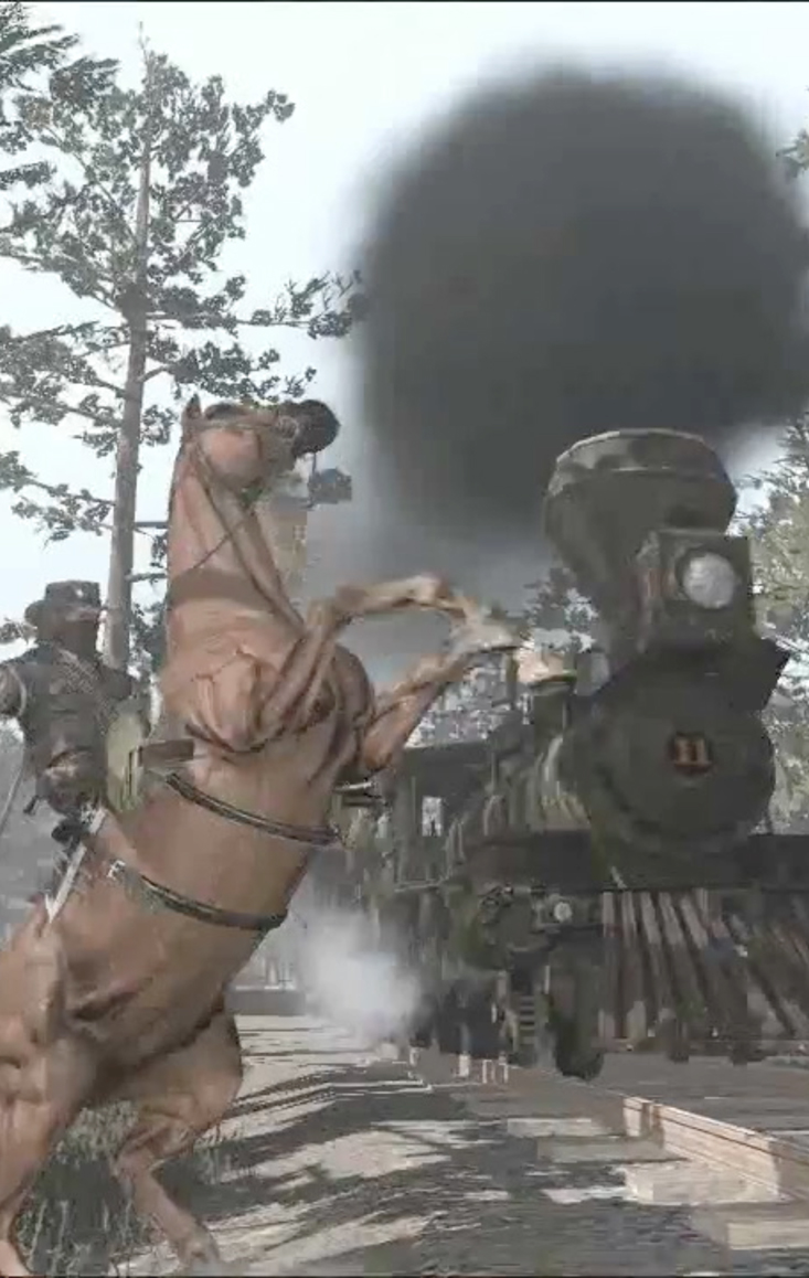 Red Dead Redemption steam engine train and horse. 2010 Xbox 360 and PlayStation 3 (PS3)