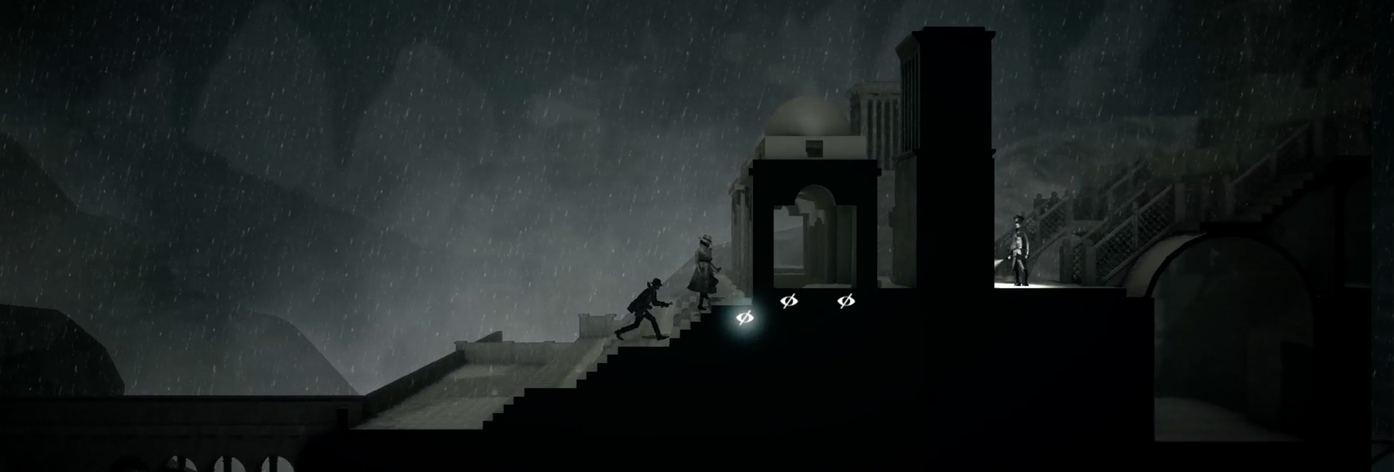 Calvino Noir end of game ascending mountain. 2D stealth for mobile PlayStation 4 and PC