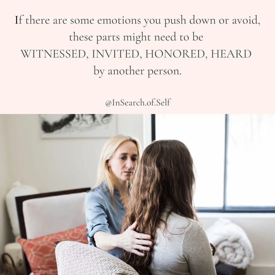 We're not meant to do life all on our own.⁣
⁣
Additionally, if an emotion or part of you wasn't witnessed, honored, heard, invited as a child, it's probably still waiting. ⁣
Find a trusted person.⁣
⁣
Therapists are super good at this! 😉⁣
We can list