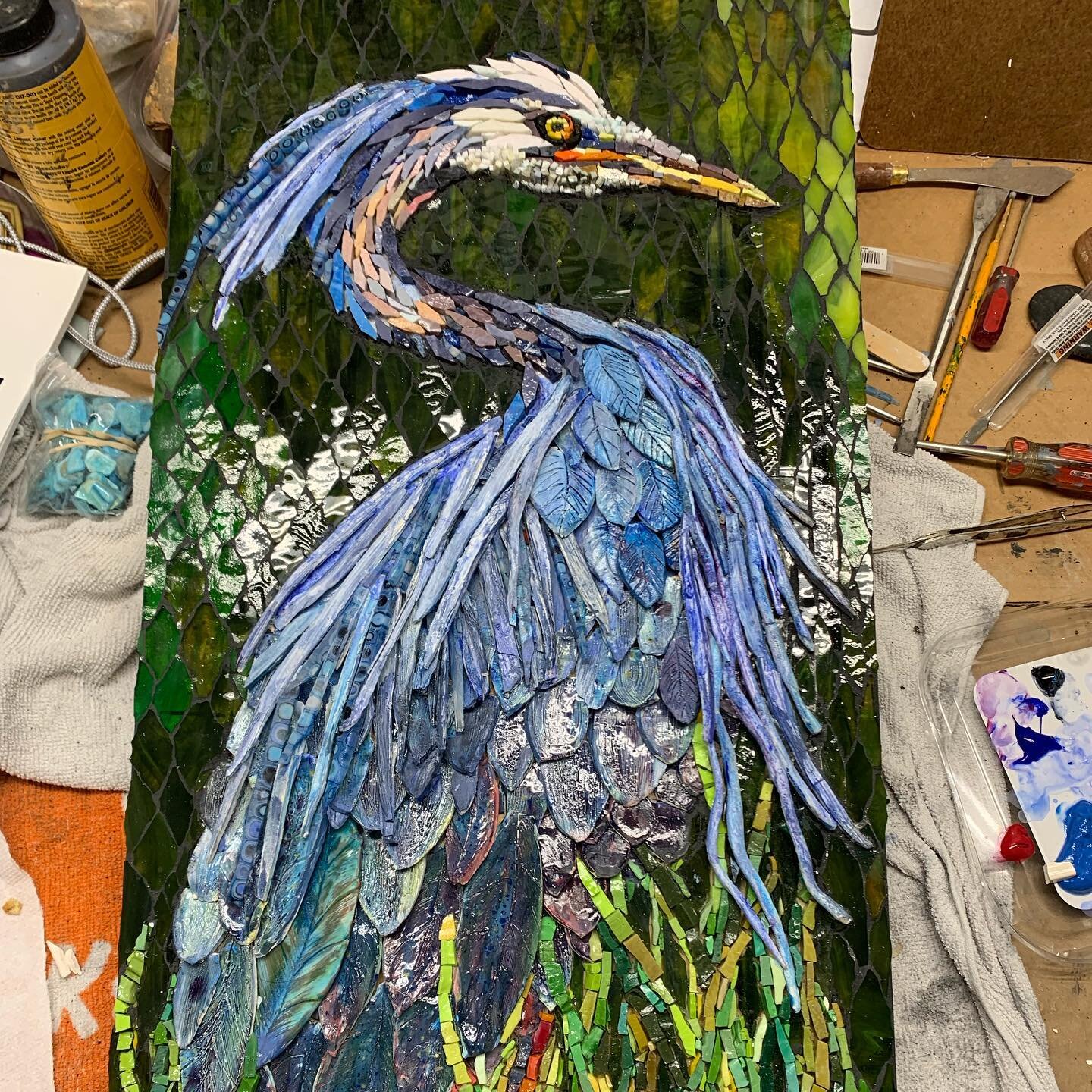 BLUE HERON #mixedmediaart  #mosaicart #cincinnatiartistists  #birdsofinstagram  #birds #blueherons