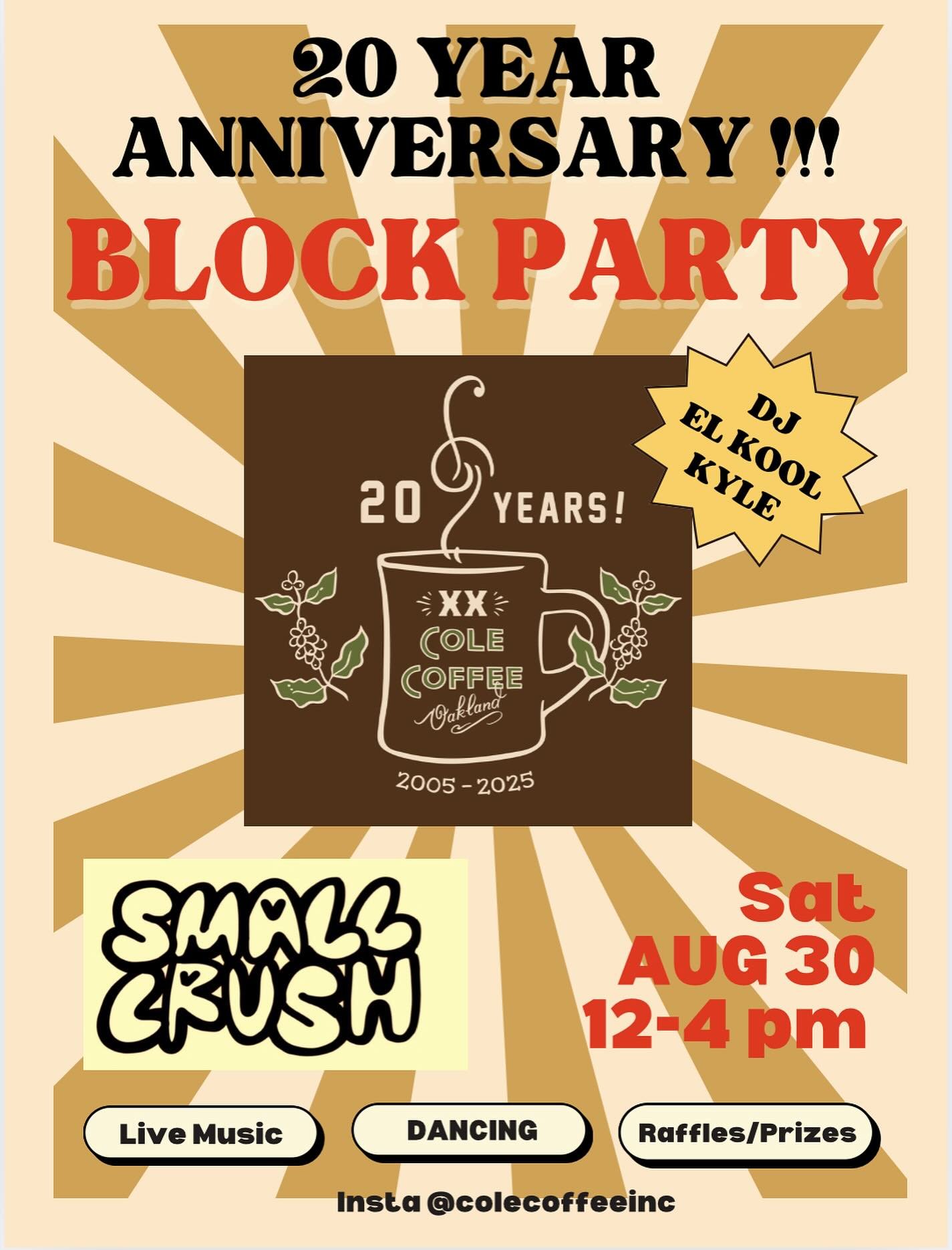 It&rsquo;s finally here! The 20 year Cole Coffee celebration! 20 years of brewing &amp; loving our community! Come celebrate with us! #oakland #oaklandloveit #eastbaycoffee #rockridgeoakland #20years
