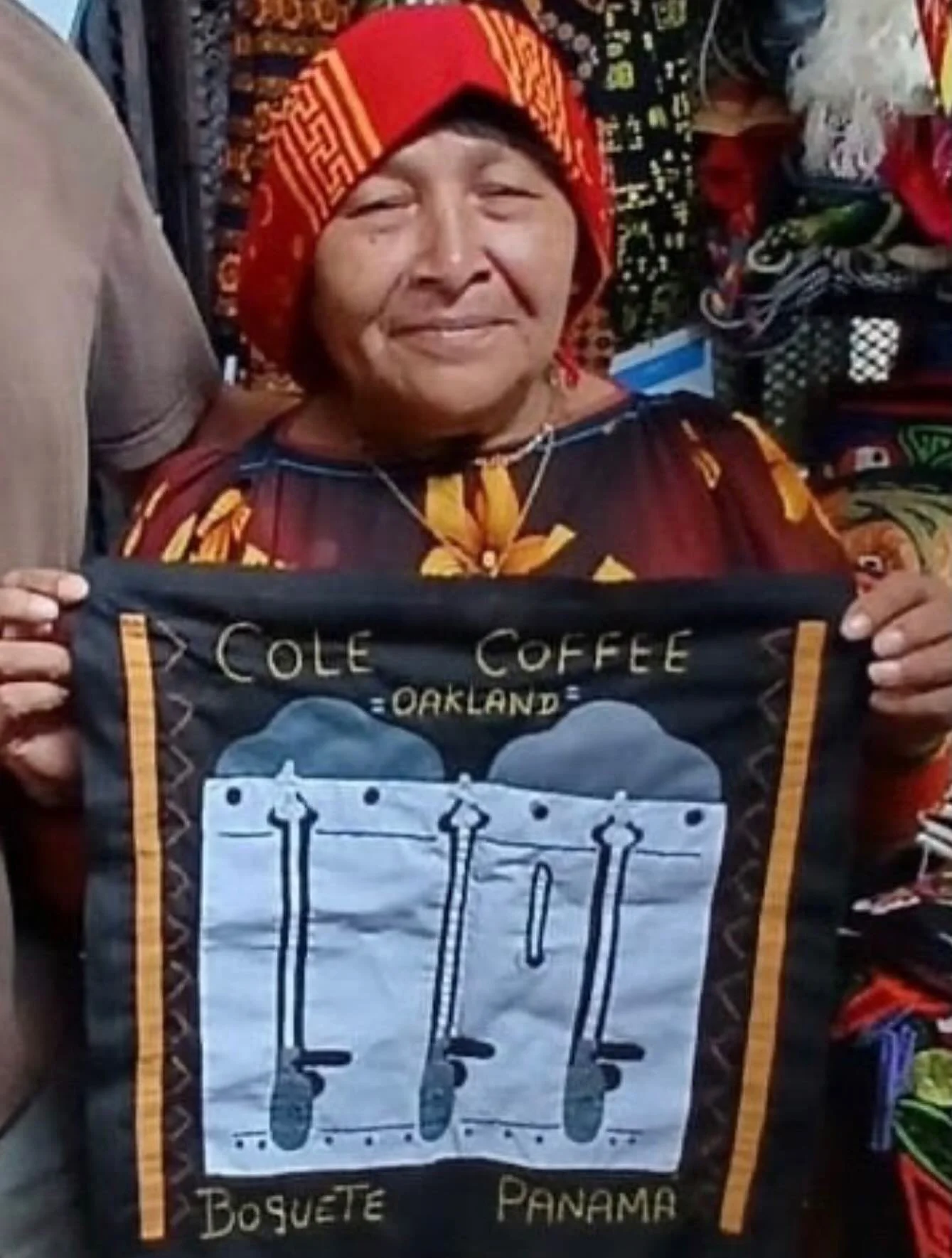 A Cole Coffee mola gifted us by our awesome customer Jason. It was made by Deliana seen here of the Guna, an indigenous people of Panama.  We love the expert stitching work &amp; creatively! It ties in perfectly with our Limited Edition Coffee that&r