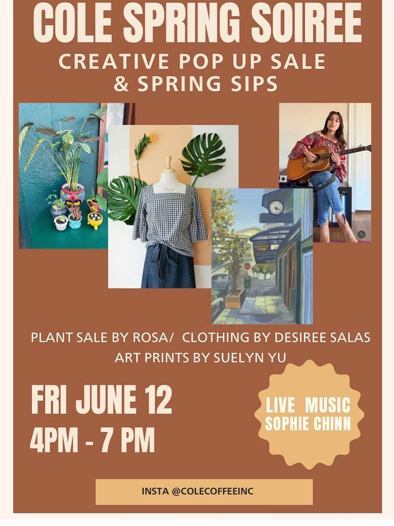 Hey friends
Springs here and we&rsquo;re hosting a Pop up event at Cole Coffee @colecoffeeinc.
Come shop a new item for spring from Desiree&rsquo;s vintage inspired clothing, pick up a plant from Rosa, shop @hellosuelyn Suelyn&rsquo;s Rockridge theme