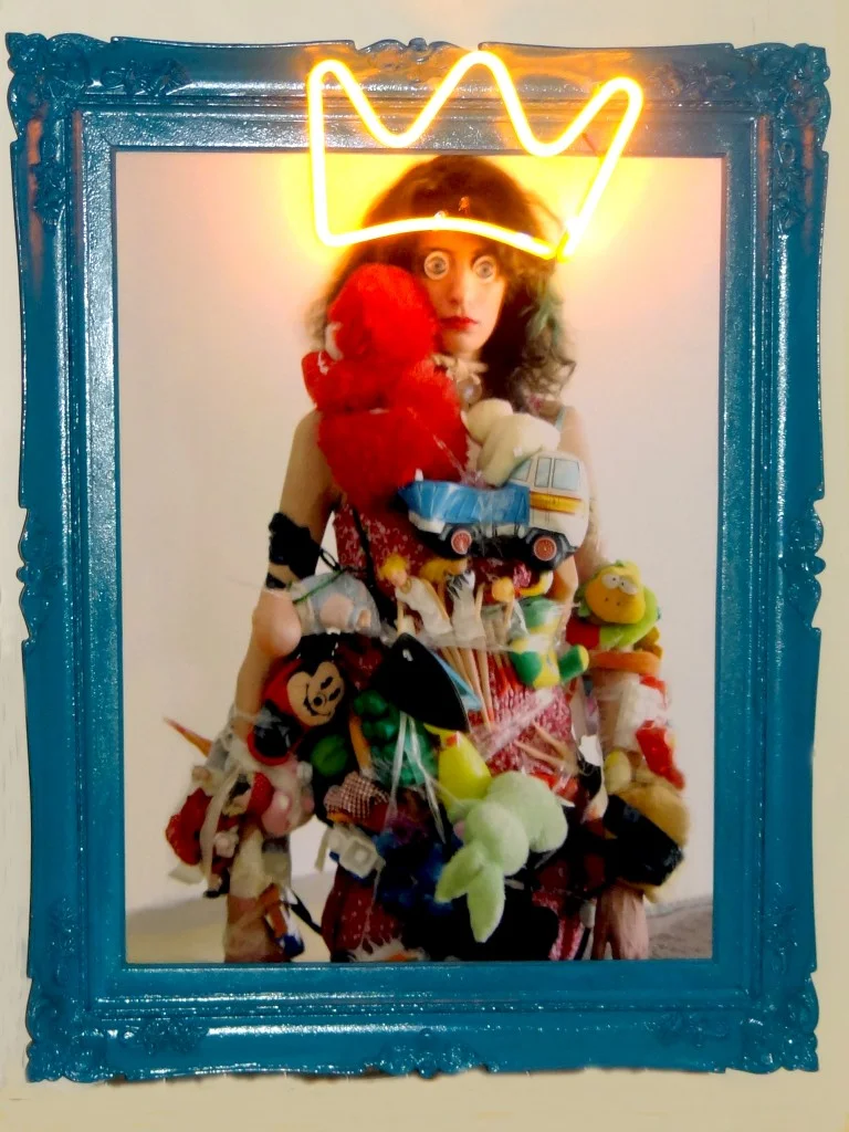 Part of the photo installation project carpet, dolls, neon light, live model 30x47 Inches 2012