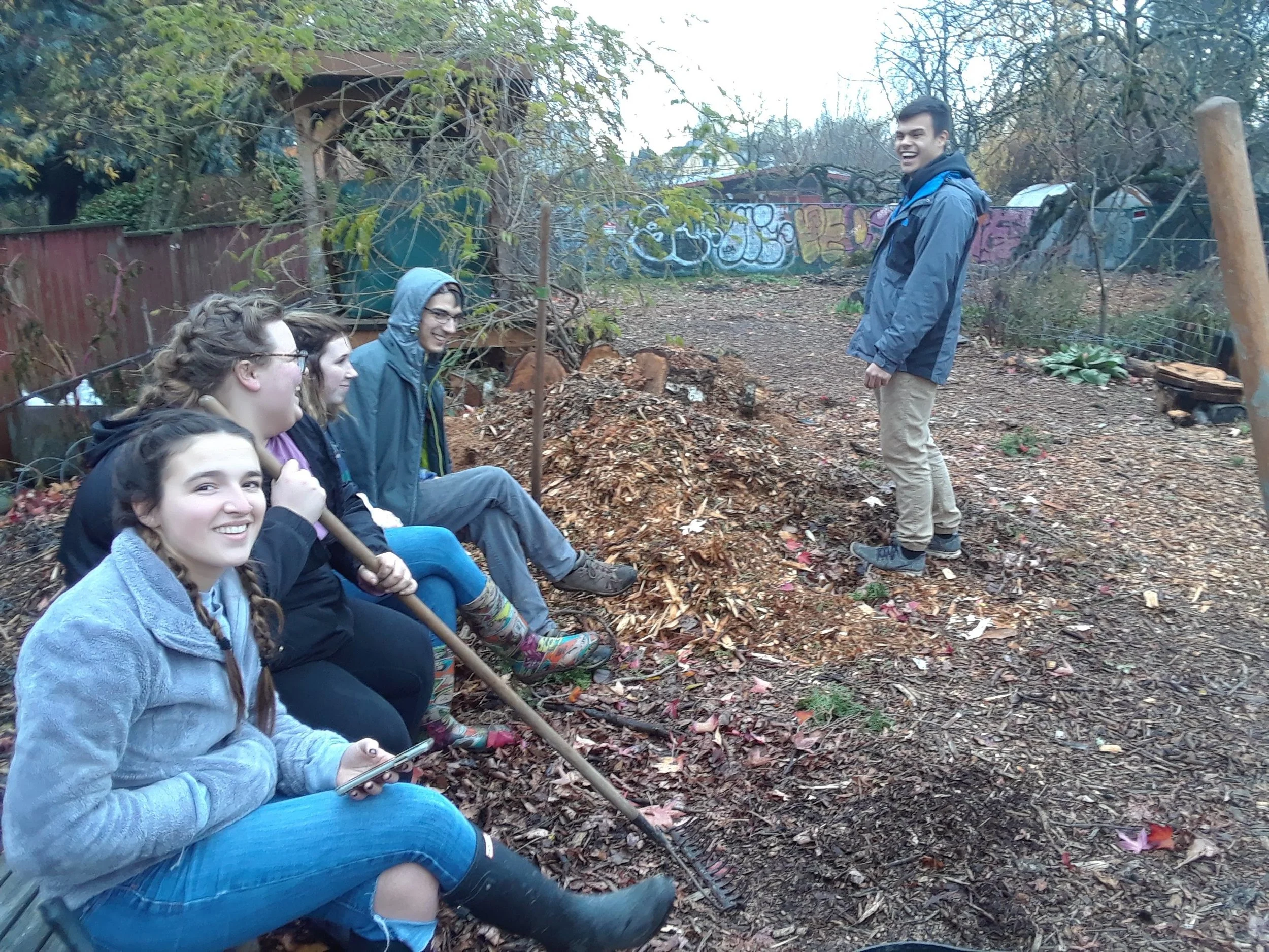 Taking a break in the garden during an autumn workparty.