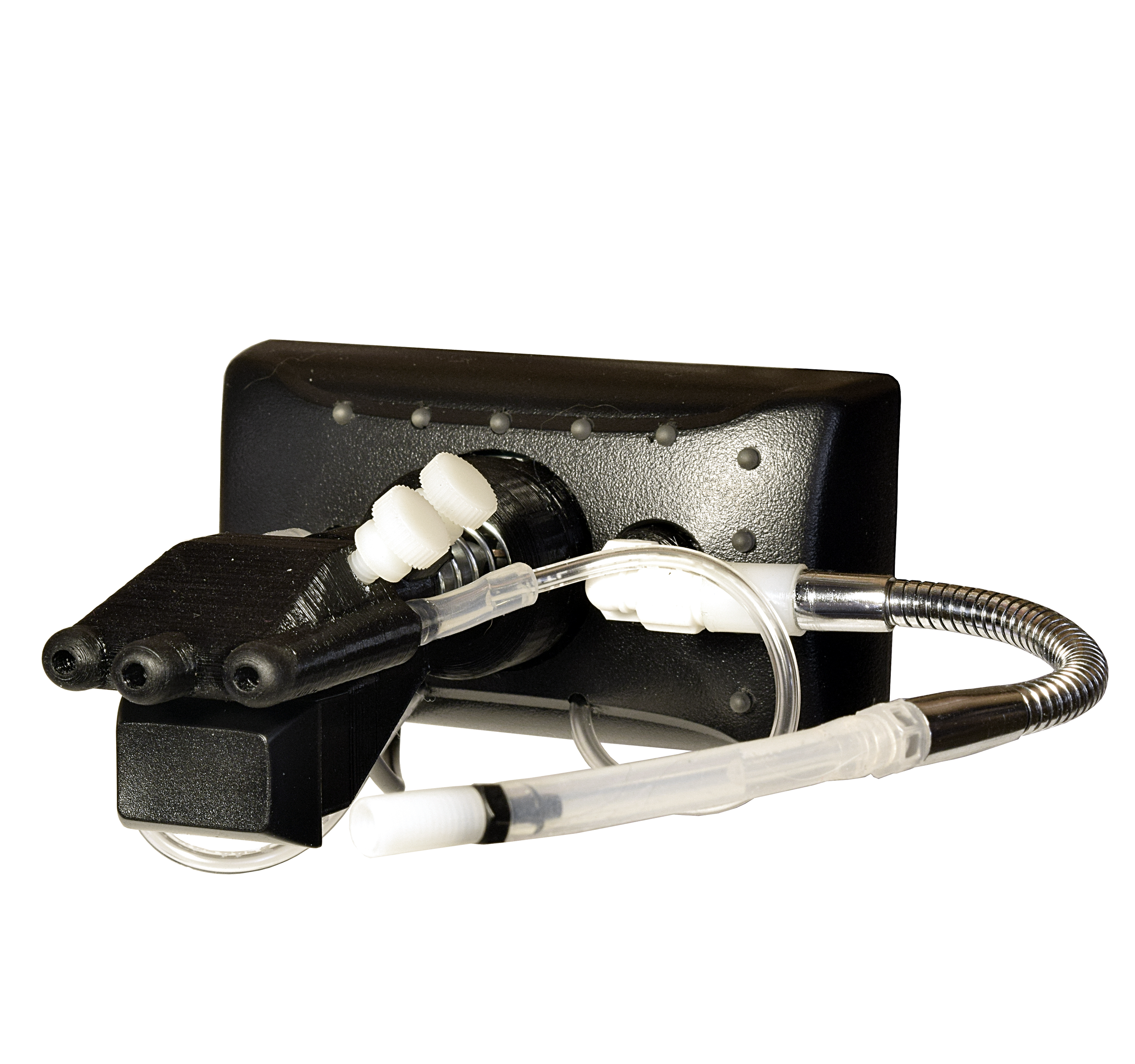 Close-up of the Quadstick controller showing three sip-and-puff tubes, joystick, and mounting bracket.