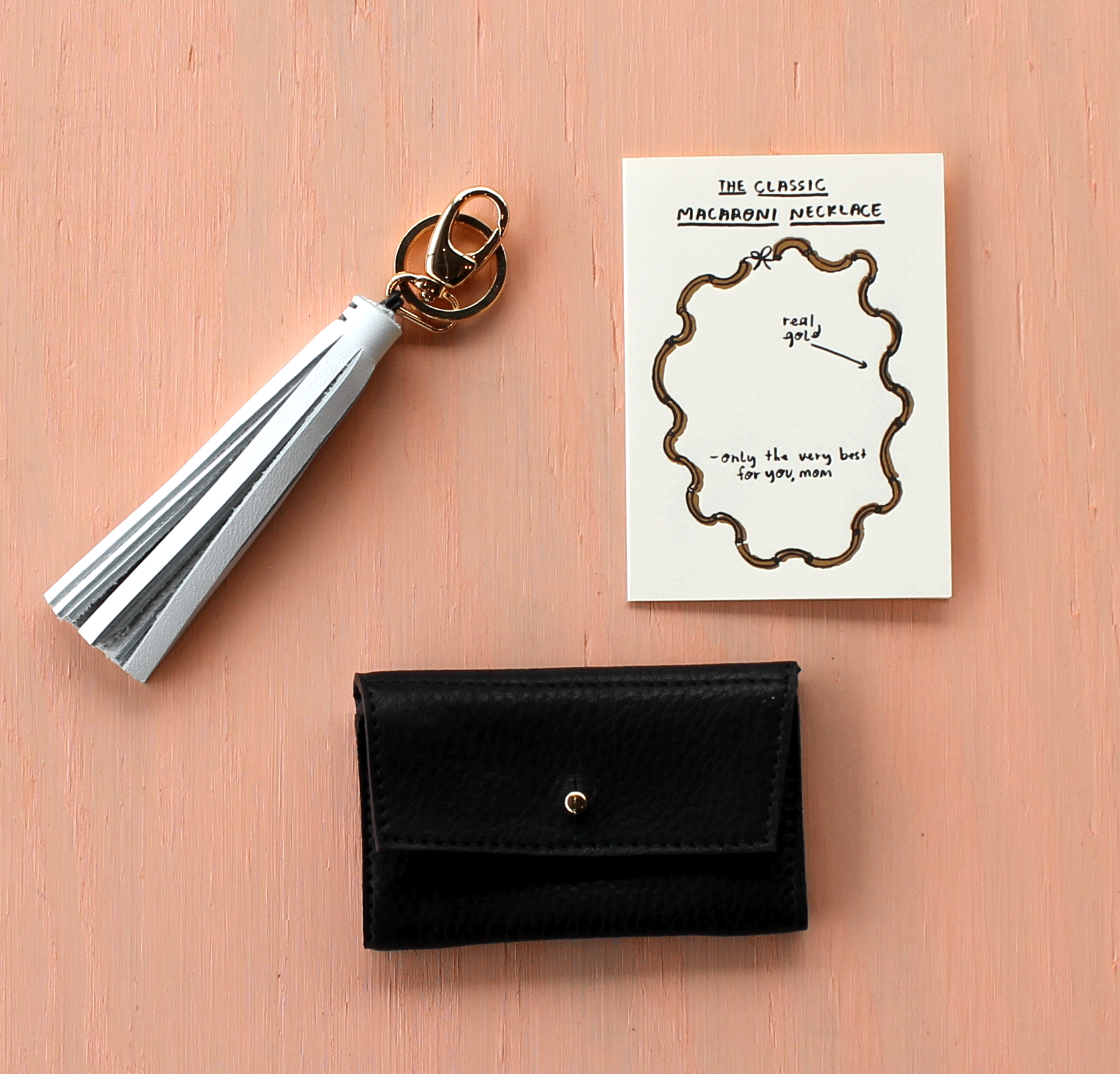 Danielle Sakry Tassle Key Chain & Card Case + People I've Loved 'Macaroni Mother's Day Card' - A step up for the classic macaroni necklace gift-giver.