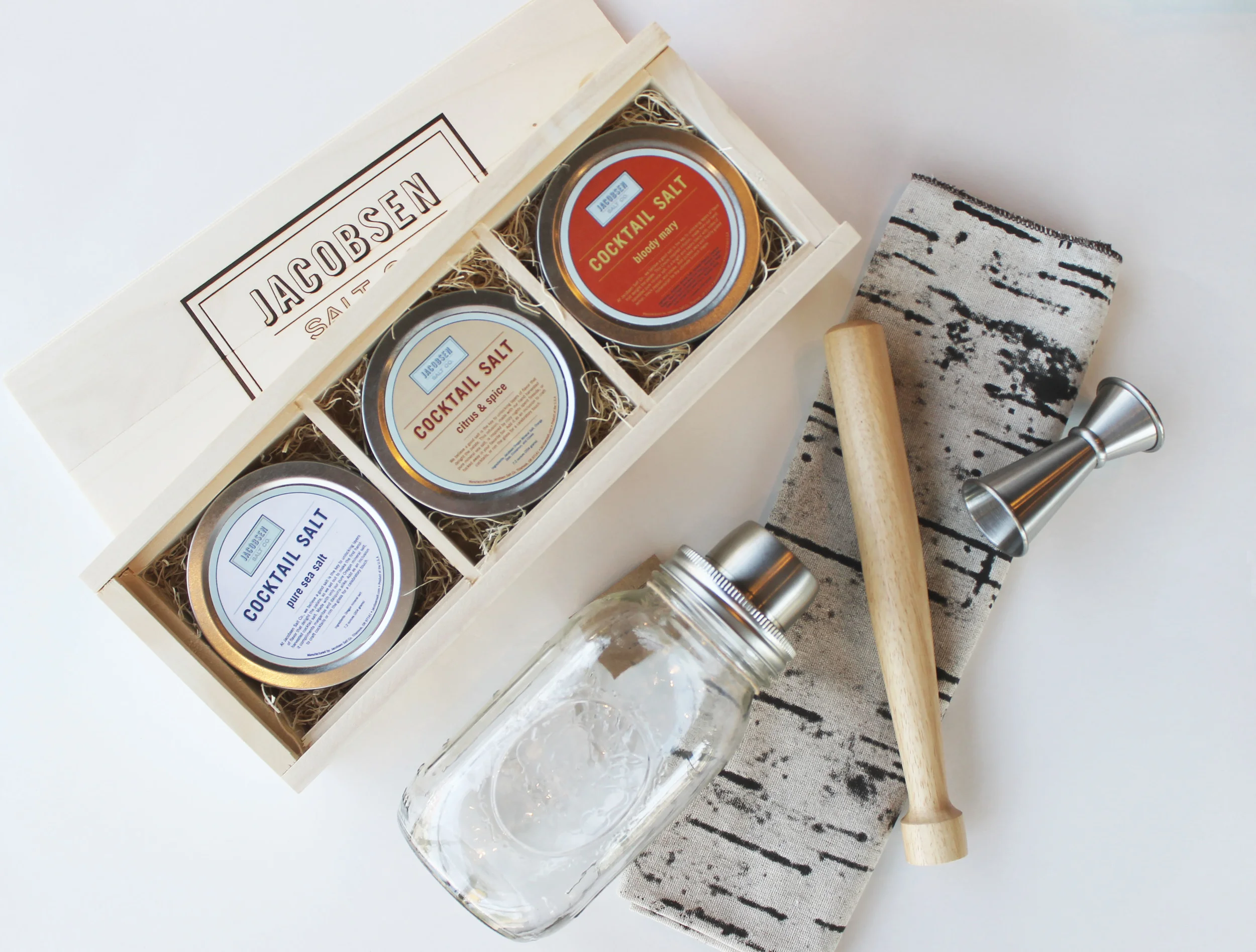 Cocktail Salt Trio + Mason Shaker Gift Set + Birch Bark Kitchen Towel -For the cocktail enthusiast dads out there. 