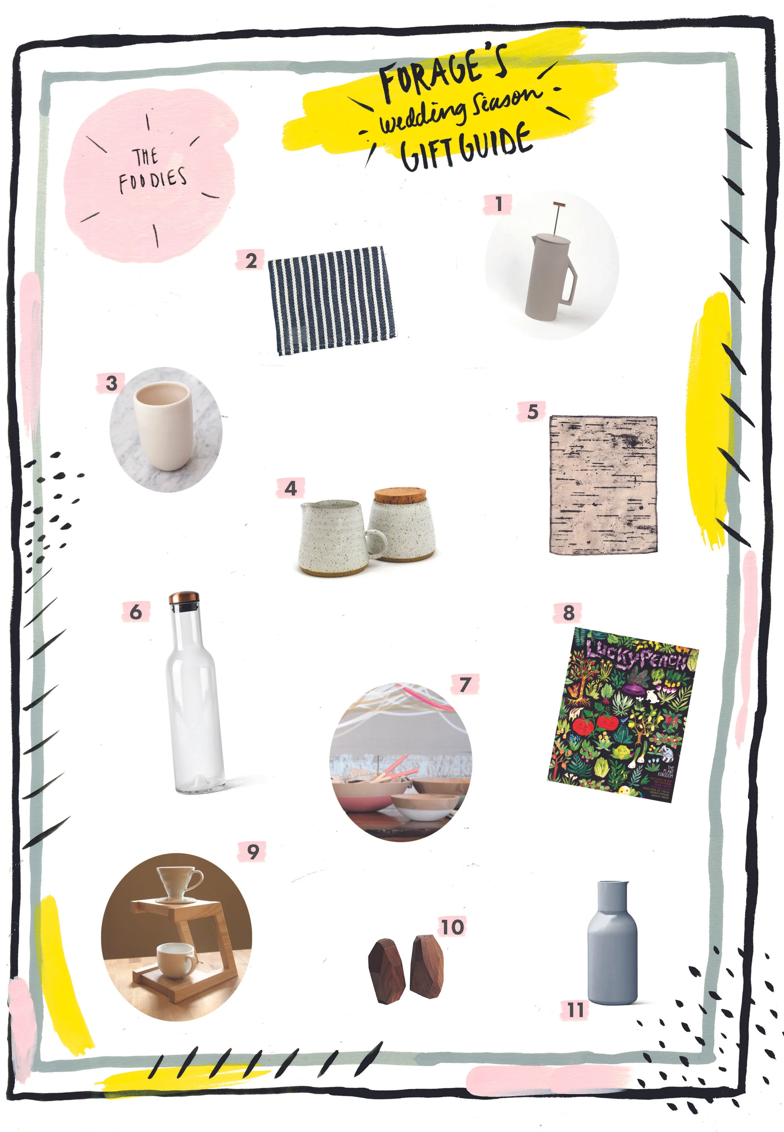 1 Ceramic French Press by Yield 2 Kitchen Cloth by Fog Linen 3 Simple Tumbler by Pigeon Toe 4 Sugar and Creamer Set by Stak Ceramics 5 Lucky Peach Magazine created by David Chang 6 Water Bottle with Copper Lid by Menu 7 Beech Bowl by Wind & Willow 8 New Norm Bottle by Menu 9 Pour Over Stand by Solid Manufacturing Co. 10 Salt + Pepper Shakers by Reed Wilson Design 11 Cloth Napkin Set by Kick Stand Press