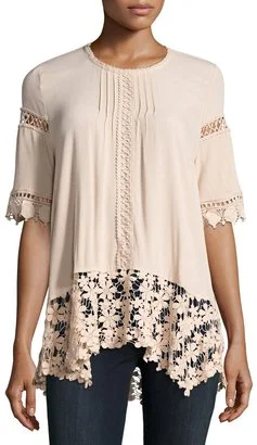 LUMIE PLEATED-NECK LACE-TRIM TOP, BLUSH