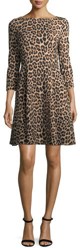 Kate Spade New York Leopard-Print 3/4-Sleeve A-Line Ponte Dress