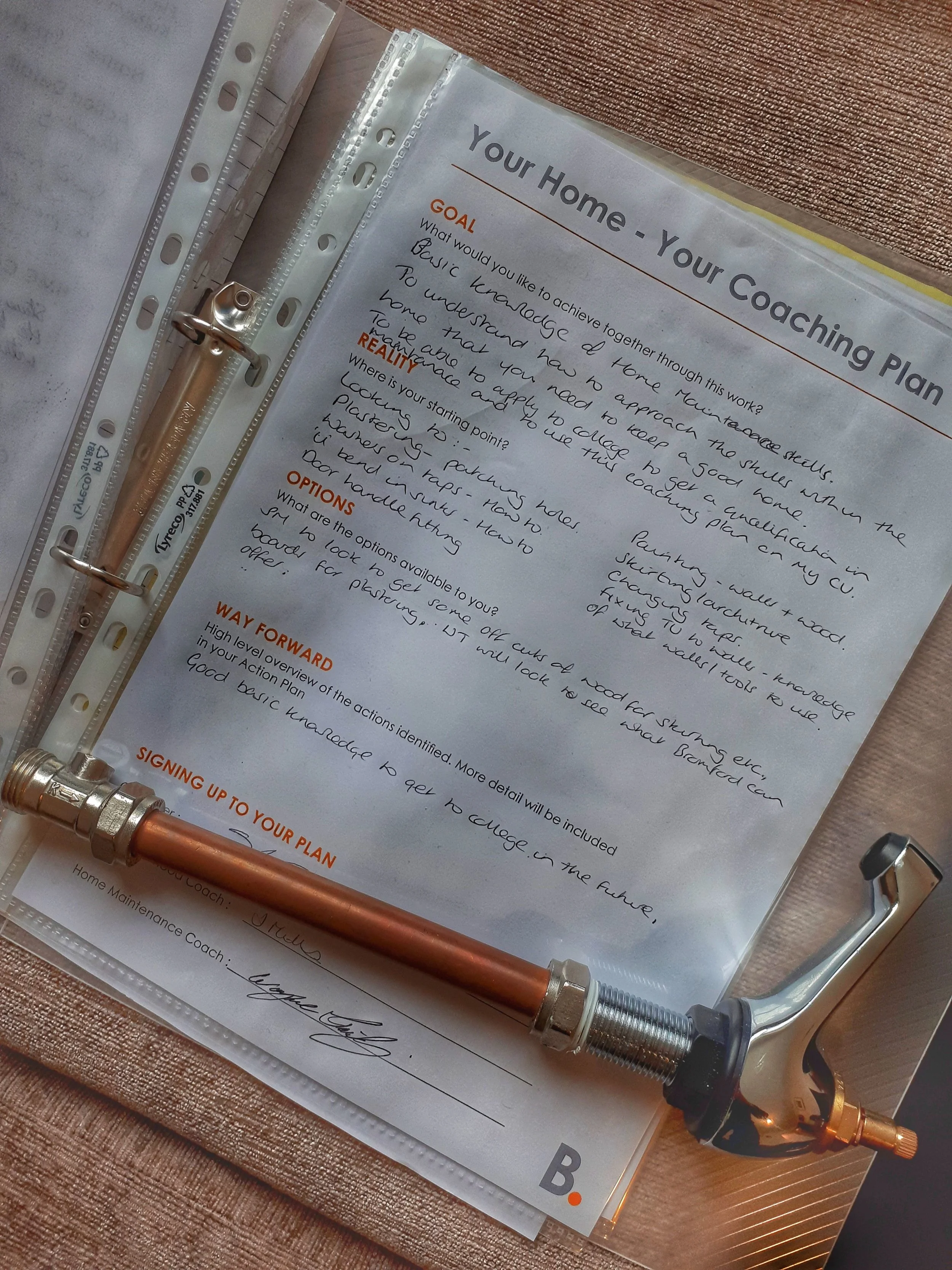Image: Home Maintenance Journal with tap and pipe configuration provided to allow the customer to practice.