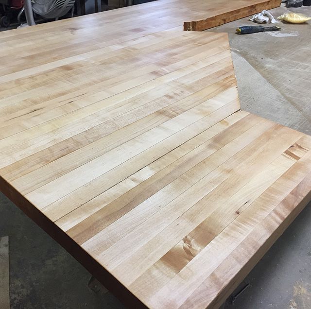 Extreme glue up and refinishing of 30 year old Maple counters.  Scroll through for the before photos.