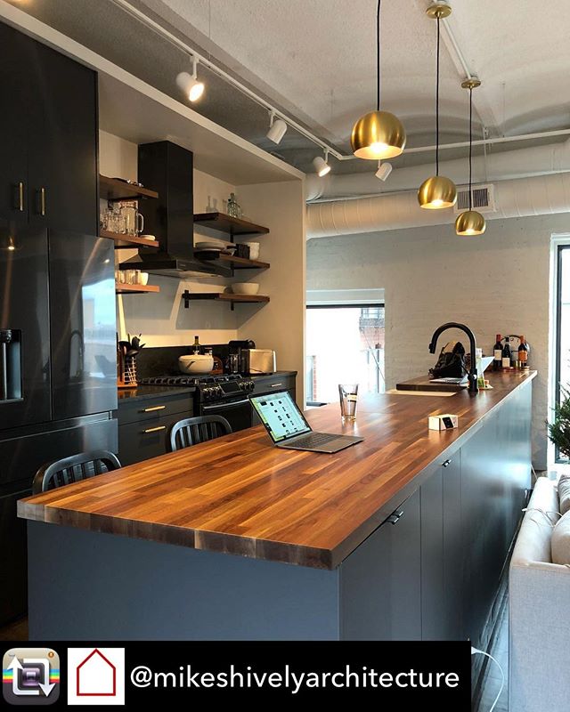 Repost from @mikeshivelyarchitecture // beautiful west loop residence utilizing our Black Walnut for the island and matching shelves