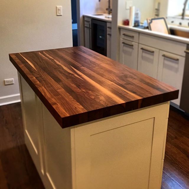 3&rdquo; thick Black Walnut island w/continuous strips &amp; clear satin polyurethane finish