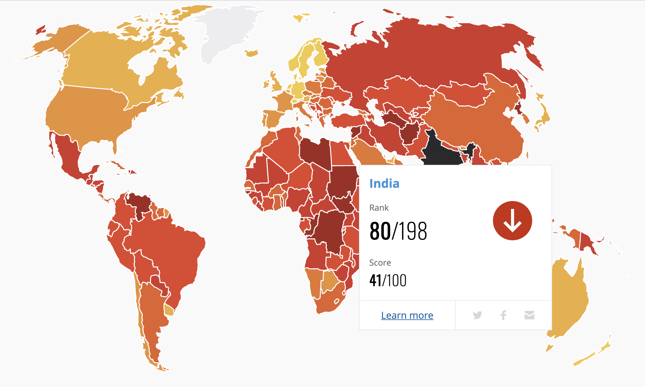 Ogni anno, Transparency International classifica 176 paesi nel mondo sulla corruzione. L'India è classificata 80.