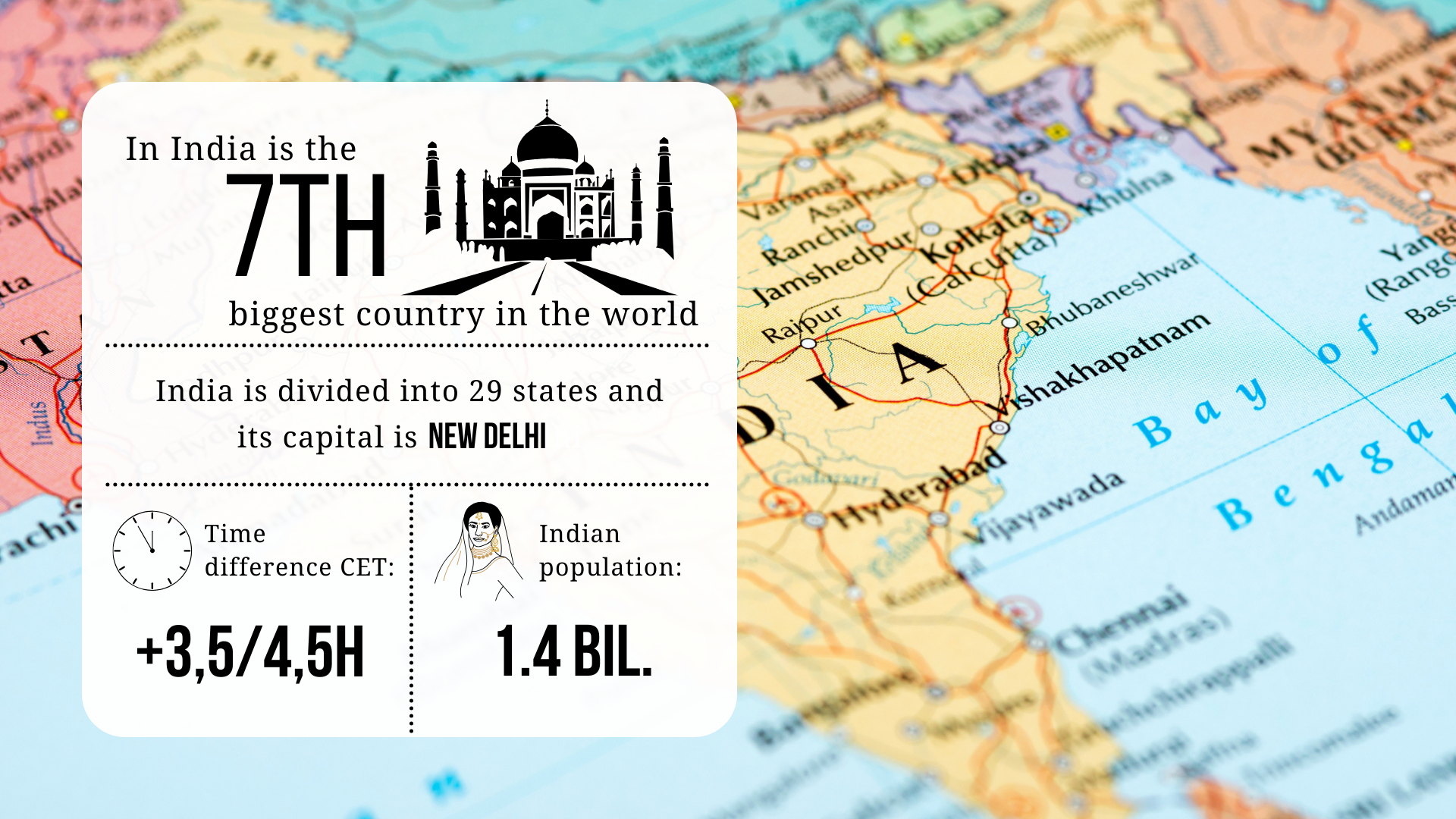 L'India è il 7° Paese più grande del mondo; è divisa in 29 Stati e la sua capitale è Nuova Delhi; la differenza di fuso orario con l'ora centrale europea è di 3,5/4,5 ore; la popolazione indiana è di 1,4 miliardi di persone.