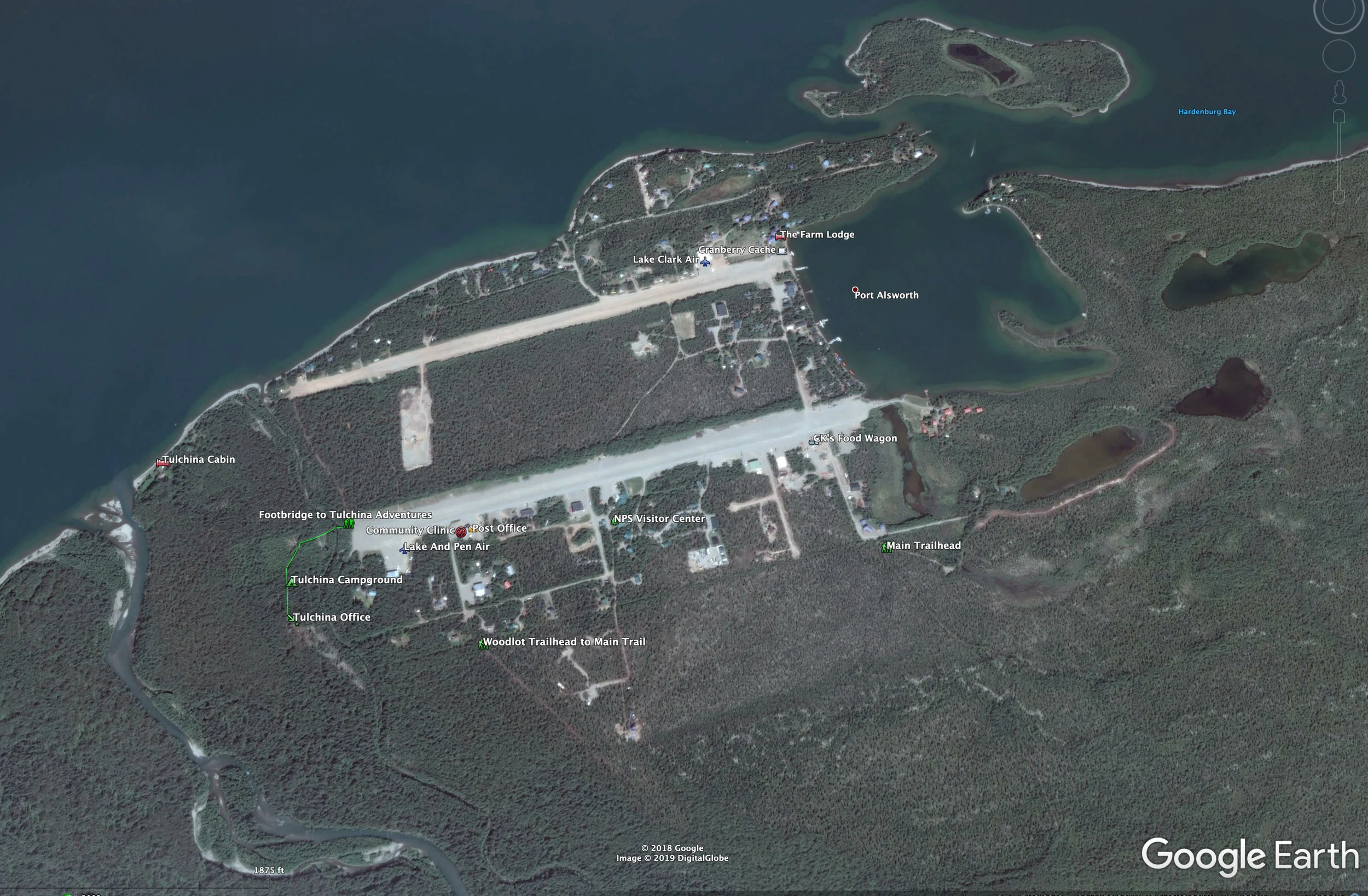 Here’s a little map we made of Port Alsworth. To get to our trail you must cross a creek (use the footbridge) located at the end of the runway.