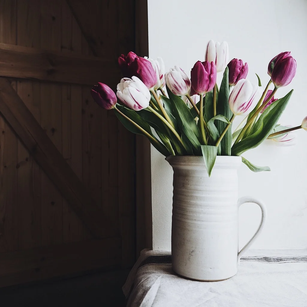 Jug of purple tulips on a windowsill.jpg