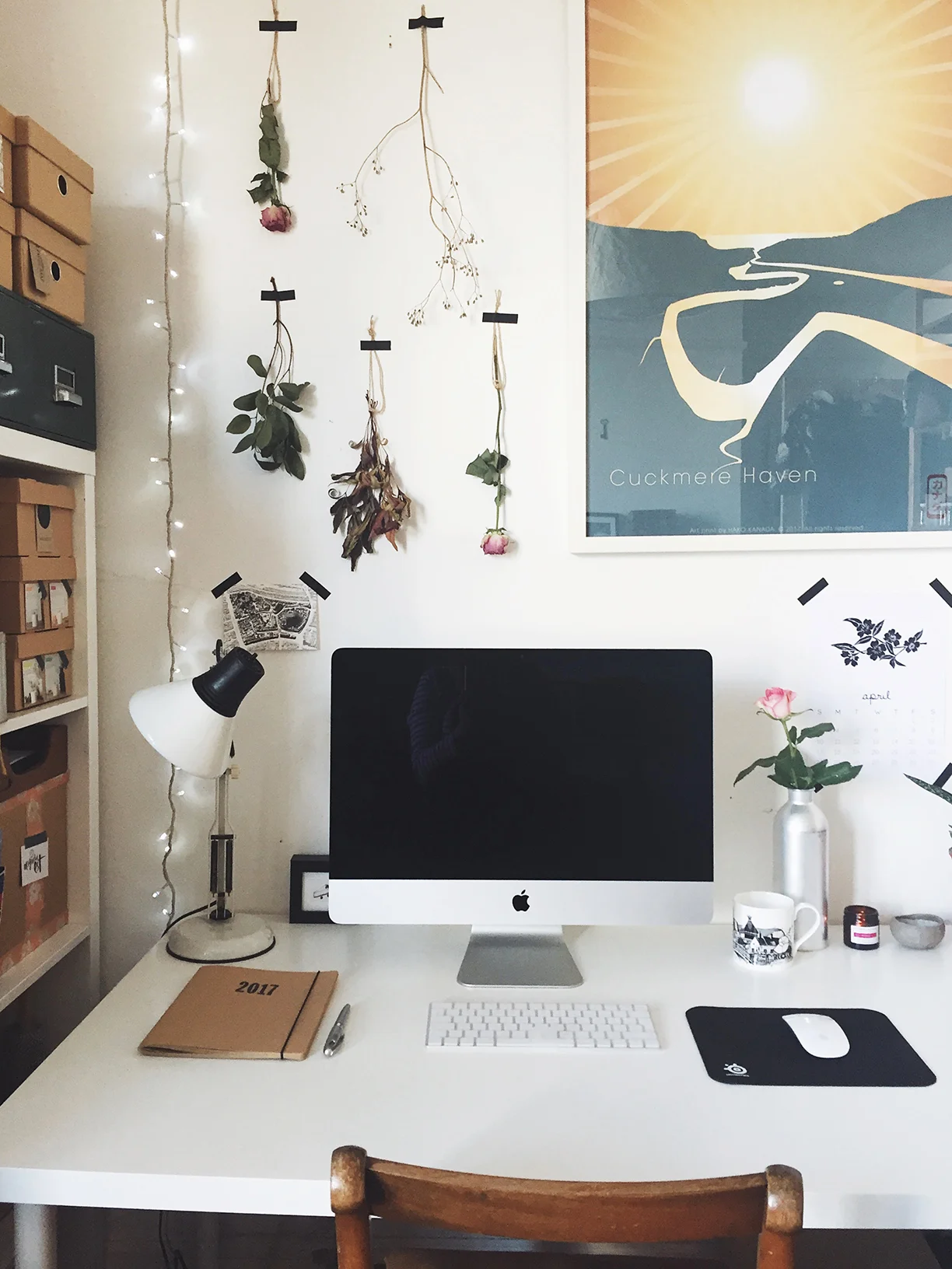 My desk space with 'Cuckmere Haven' print by Malcolm Trollope-Davis .jpg