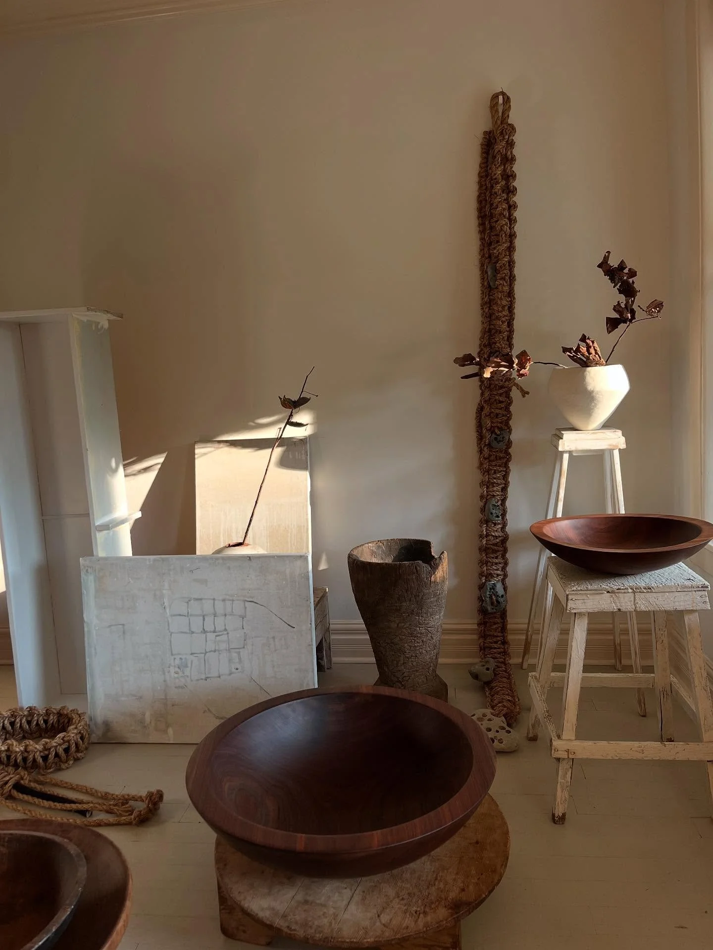 Assembling a new installation featuring the woodwork of Elliot Bergman and Rick Yoshimoto and a selection of collected ceramics, both vintage and contemporary.