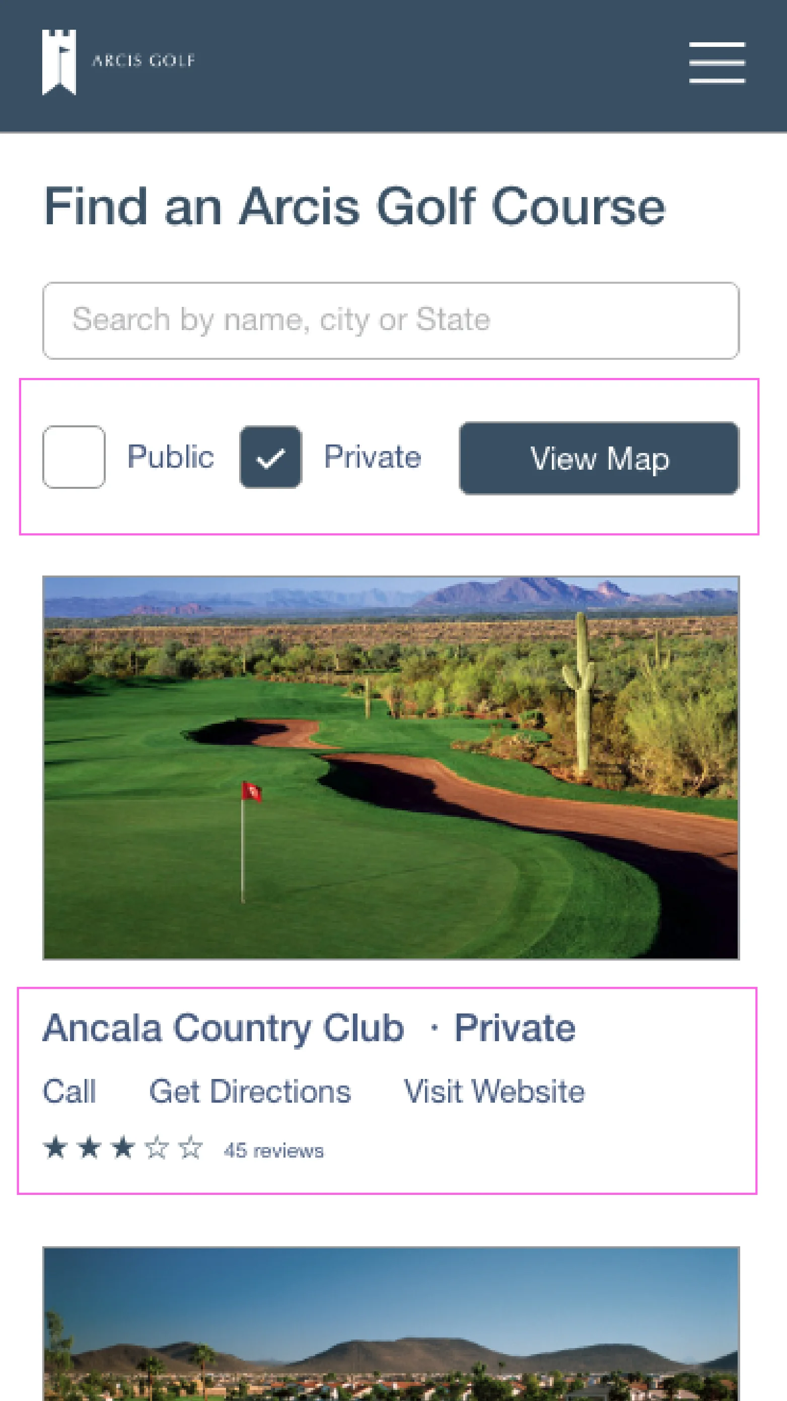 Large UI components help the user filter results up top. Text links were used instead of iconography for the course actions because it conserves vertical space (which is crucial on mobile), is more direct for the target user and avoids confusion.