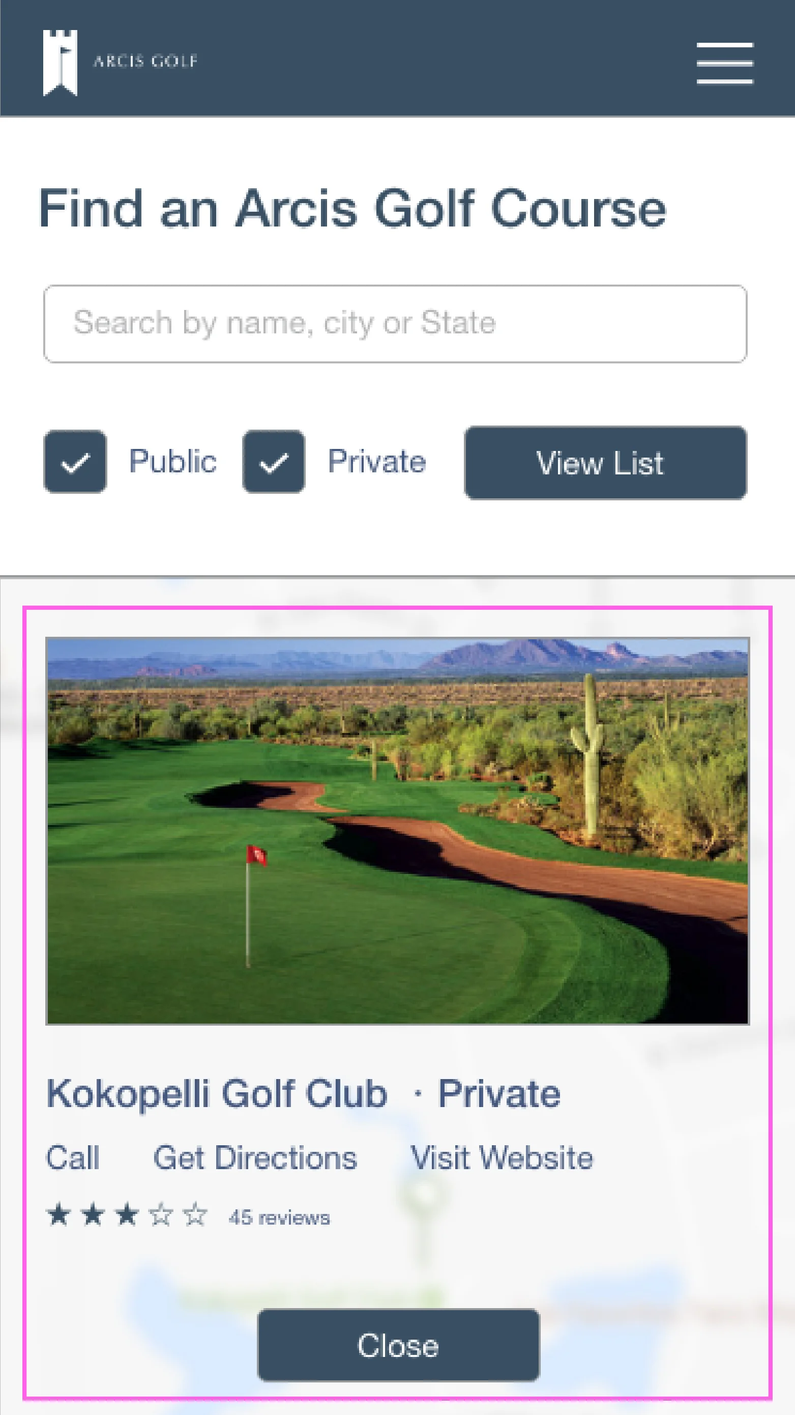 A full screen overlay was used for the course detail. This was chosen to keep the smaller screens uncluttered if multiple pins were selected. A clearly visible exit option is provided at the bottom of the screen.