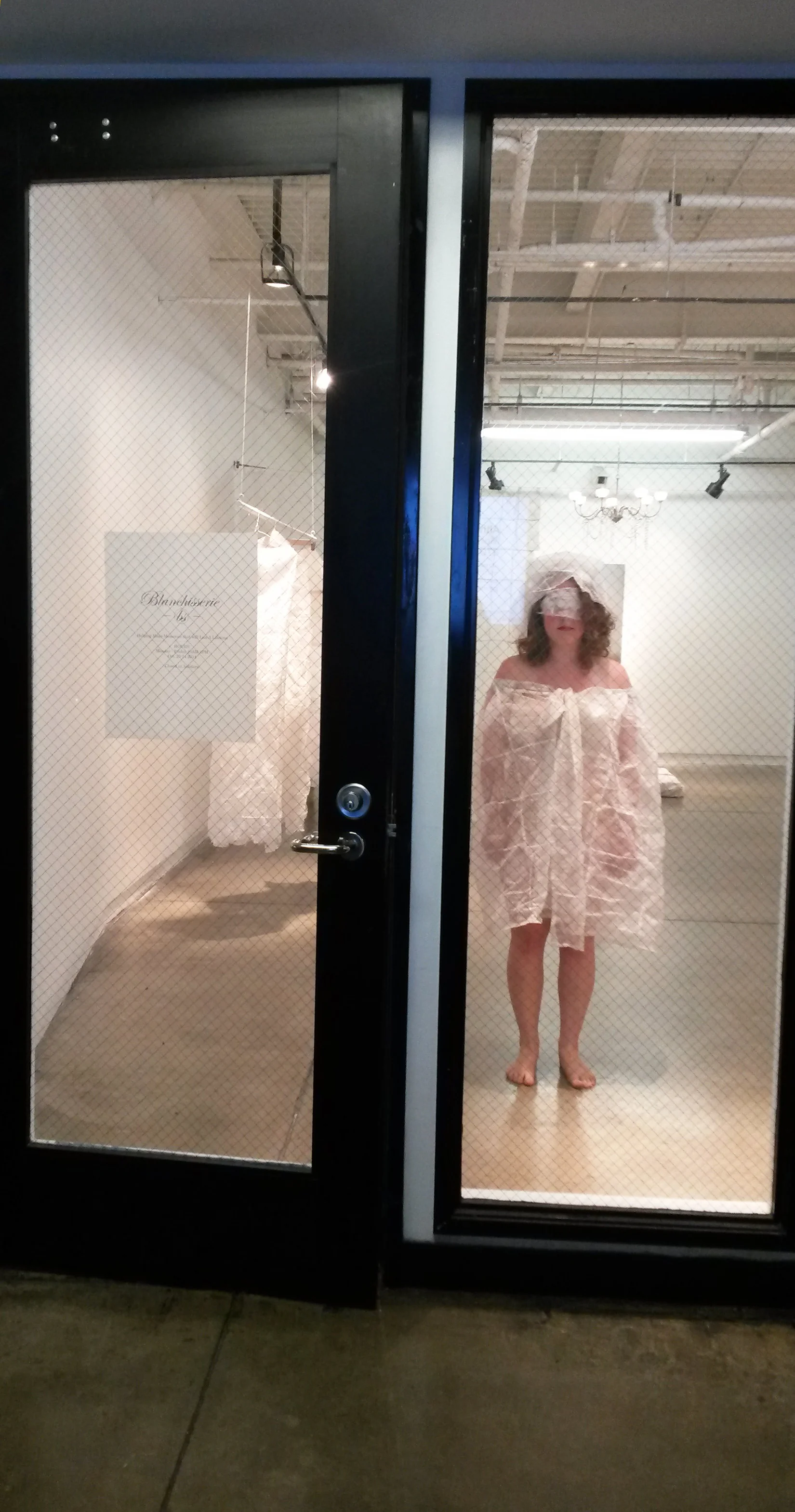 documentation of the performance: mannequins and sales associate; photograph taken from the outside of the gallery during "store hours"