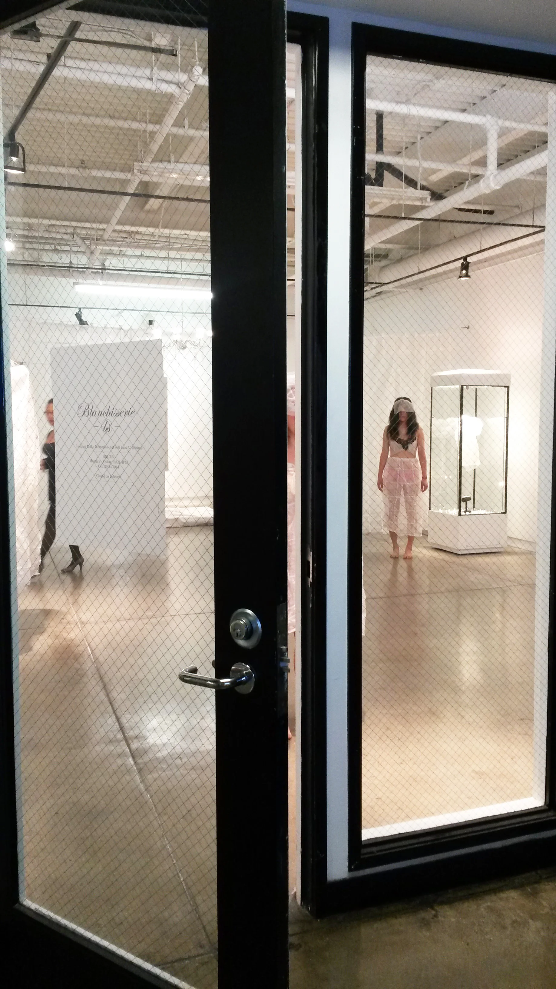 documentation of the performance: mannequins and sales associate; photograph taken from the outside of the gallery during "store hours"