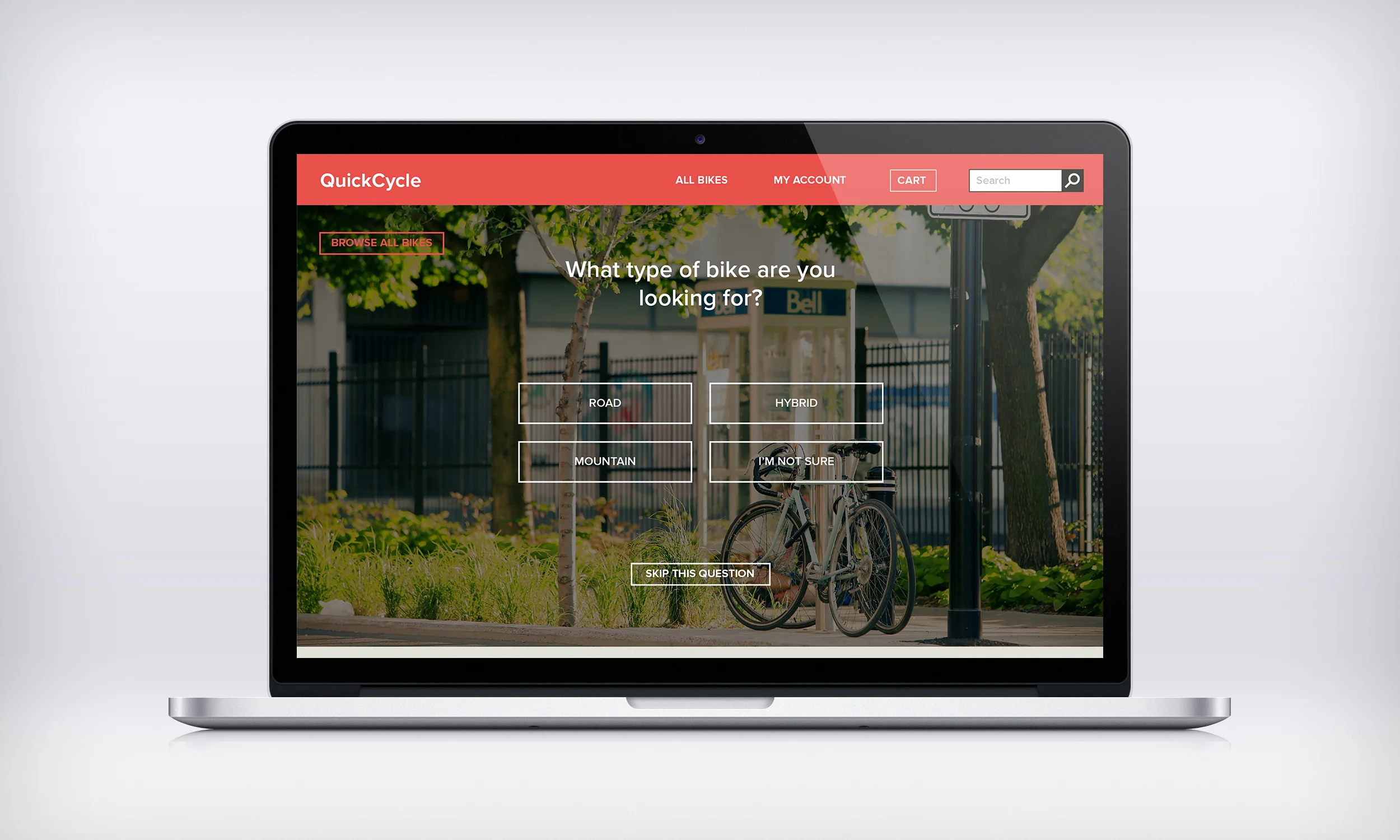 This is the quiz page, which guides the user through filters to help them choose the best bike. 