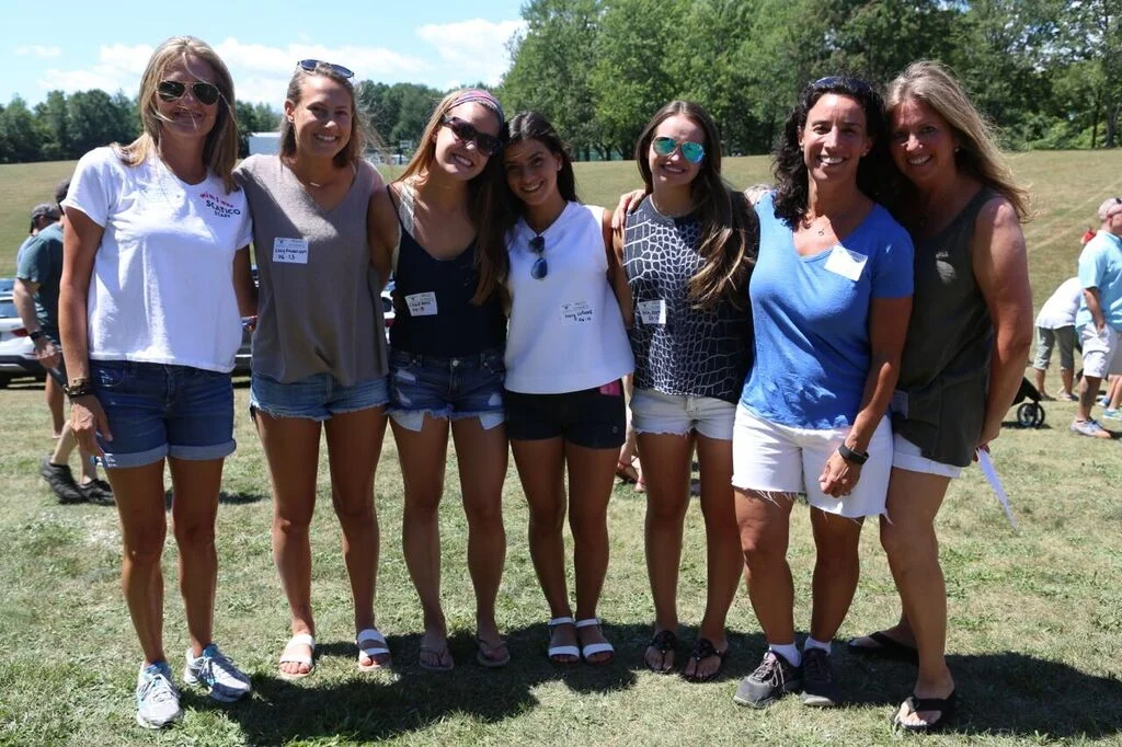 Above- 70s-80s bond with 00s-10s: Stefanie Friedman Feidelson, Lucy Feidelson, Chloe Mann, Lizzy Lefcort, Ally Zagin , Janet Lapidus Nova , and Beth Gustave Bochner. Left- Vintage 60s-70s, clockwise (starting at 9): Jane Rosenberg, Julie Eisner Davison, Judi Fleischner Ecochard, Wendy Wolf , and Hope Kellman. 