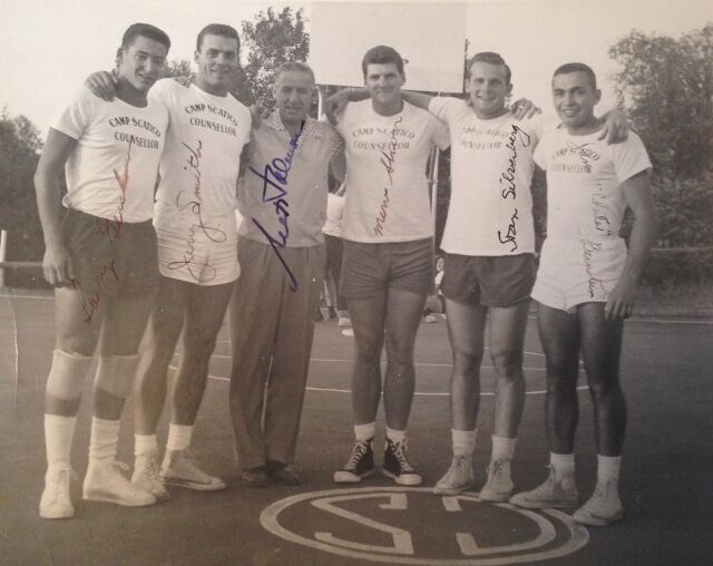 From Stan Silverberg —Counselor basketball team from the 1950s (and everyone played college basketball): Larry Gershman, Jerry Smith, Nat, Merv Schorr, Stan, and Sam Bernstein. 