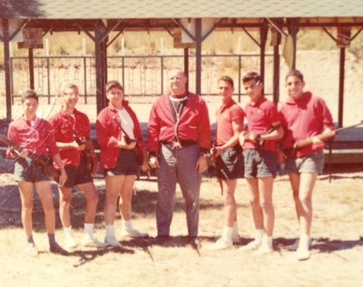  From  Steve Florin —1960s Riflery Team from the 1950s:  Paul Goodman, Scooter Schneider, Dennis Plehn, Coach Bill Powley, Steve, Drew Drazen  and  Frank Gunsberg  (love the red jackets)., 