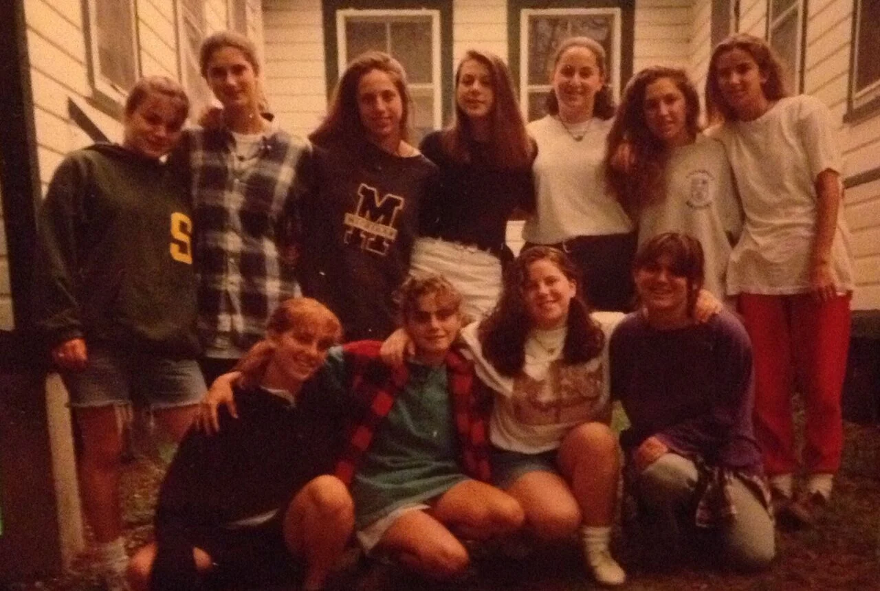 1993: Assistant Girls Head Counselor Dusty Fox (bottom left)— her CIT summer. Top (left toright)— Caryn Ecker Rappaport, Susan Solomon, Alison Goodman Ecker, Debra Sloane, Amy Rosenblatt, Amy Paul Tunick, and Dale Margolin Cecka. Bottom (left toright)— Dusty, Allie Fass Markowitz, Robyn Polansky Morrison , and Jen Kornreich Geller.