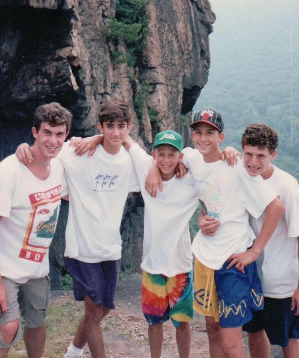 1992 Breakneck Ridge Hike: Boys Head Counselor Cory Schwartz (center) with counselors David Locke and Jon Cooper and bunkmates Adam Wachtel and Jack Abramson.