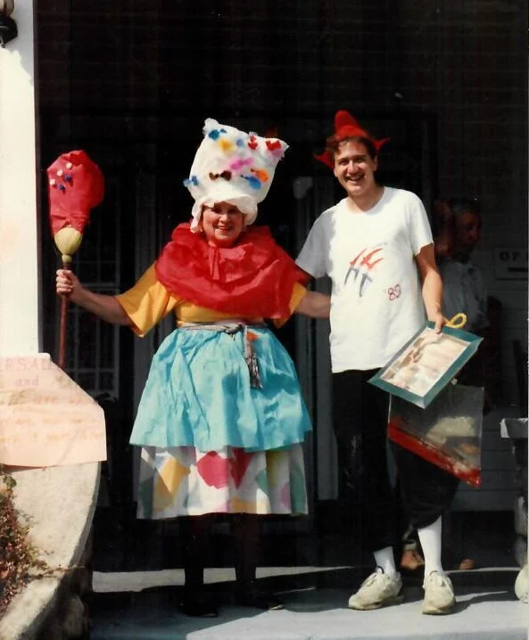 1989: Film Program Director John Hickey with Bertha Blai on the 200th anniversary of Bastille Day. Bertha ran the ceramics program for 10 summers in the 1980s and 1990s, starting her Scatico career at the age of 76.