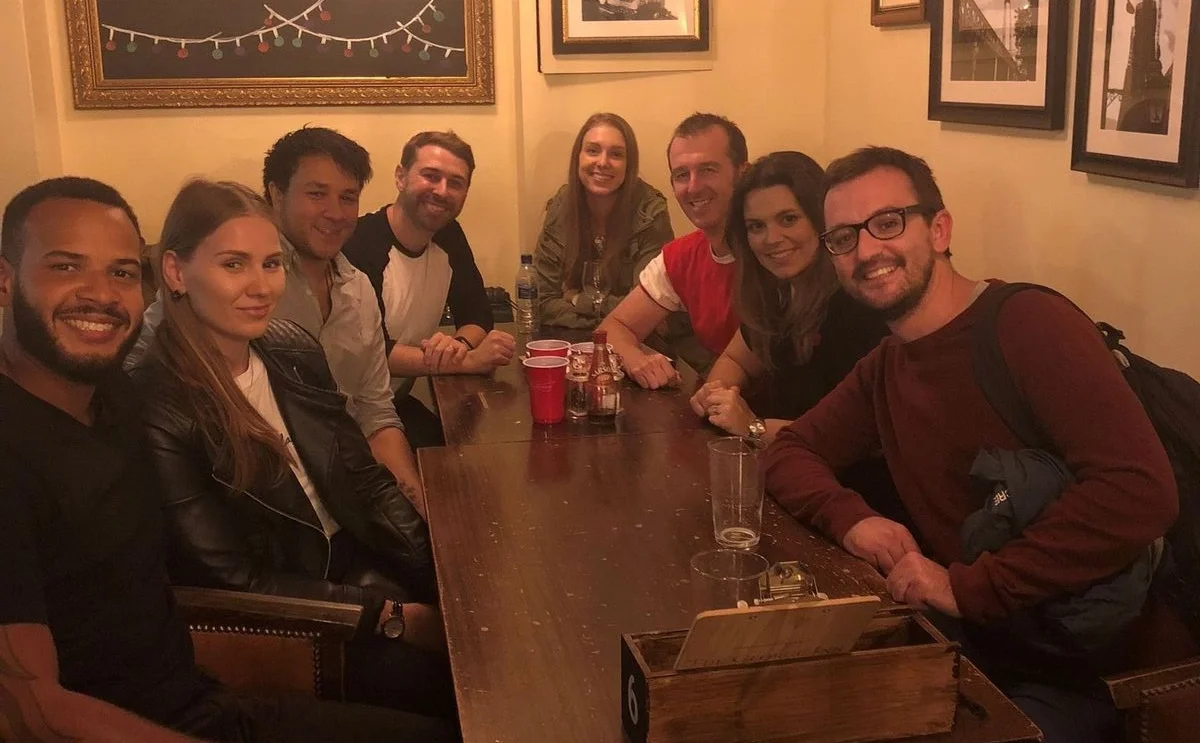 LONDON When Moises Torres (2013-18), the assistant head of girls athletics, and Support Staff member Katie Simova (2016-18) vacationed in London after the summer they were welcomed by 5 former division leaders (variously 1990s-2010s)— Liam Duffy, Matty Carroll (current assistant head counselor), Kael Au Carroll, Jim Hosking (twenty Scatico summers and counting), C aroline Chambers , and Nick Goodacre . Two Scatico marriages were represented: Matty and Kael; Jim and Caroline.