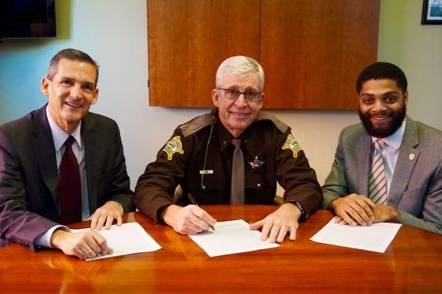 Photo Credit: City of Valparaiso Left to right: Mayor Jon Costas, Sheriff Dave Reynolds, Darryl Jackson Jr.