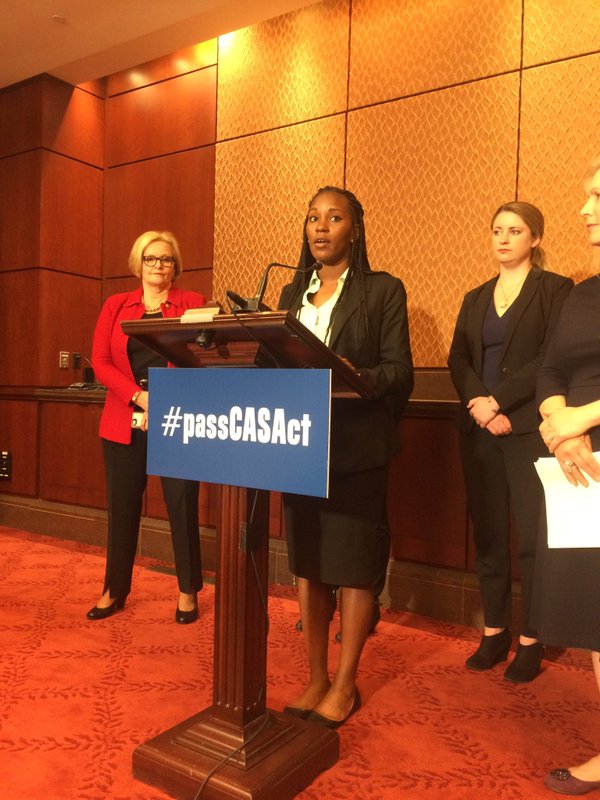 Tre'Shonda Sheffey speaking at a Campus Accountability and Safety Act "CASA" (legislation authored by Missouri Sen. Claire McCaskill, sponsored by New York Sen. Kirsten Gillibrand) press conference, on April 26, 2016 in the Capital Building Washington D.C.